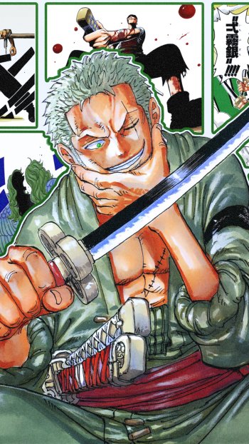 Vibrant phone wallpaper featuring Roronoa Zoro from One Piece, showcasing his confident pose with swords, designed for both iPhone and Android displays.