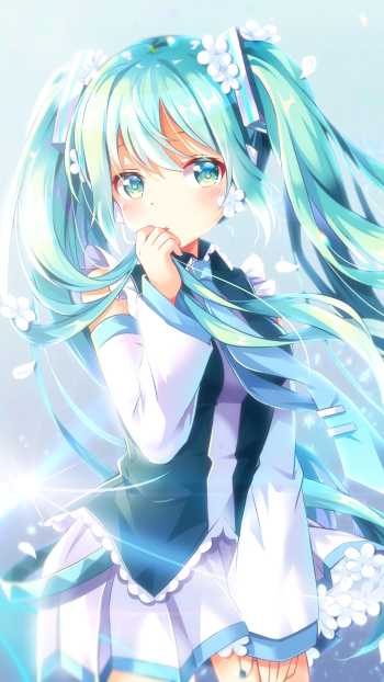Vibrant Hatsune Miku anime wallpaper featuring the Vocaloid with flowing aqua twin-tails and delicate floral accents, designed for iPhone and Android screens.