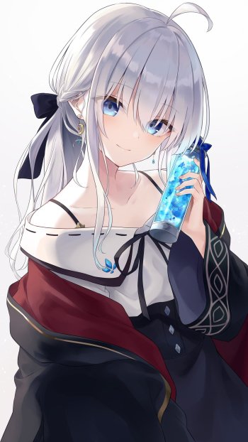 Phone wallpaper of Elaina from Wandering Witch: The Journey of Elaina — silver-haired anime witch in a cloak, gentle smile, holding a glowing blue bottle.