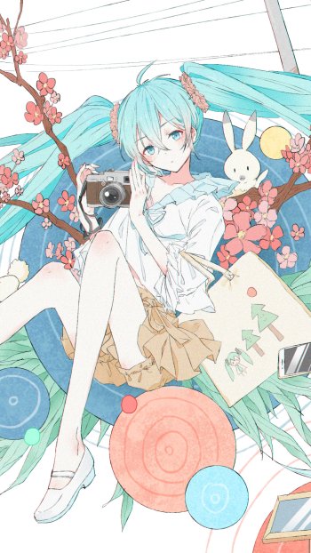 Phone wallpaper featuring Hatsune Miku, Anime Vocaloid: pastel illustration of turquoise twin‑tails holding a camera amid cherry blossoms, a bunny plush and scattered colorful records.