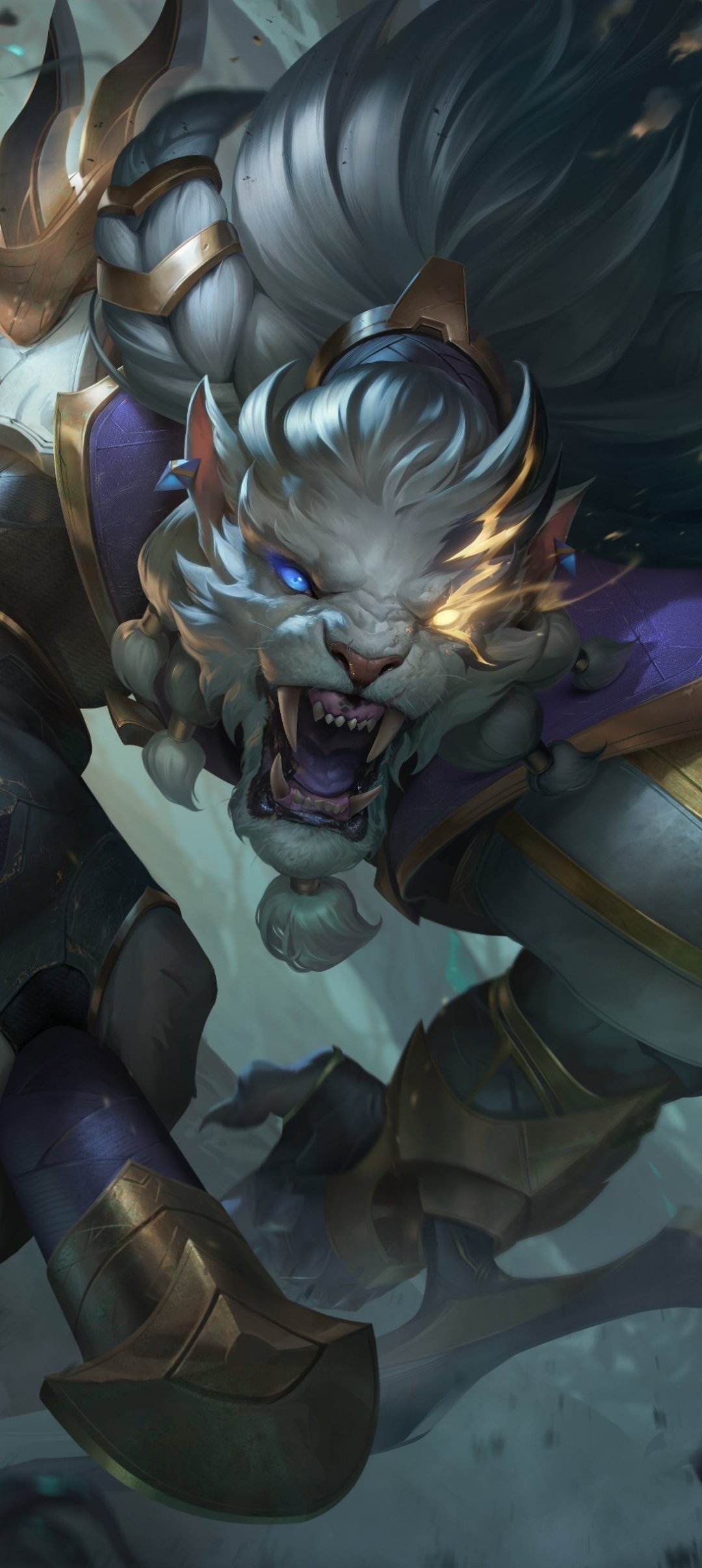 Phone wallpaper of Rengar (League of Legends), from the video game League of Legends, lunging forward snarling with a glowing eye and armored limbs against a stormy backdrop.