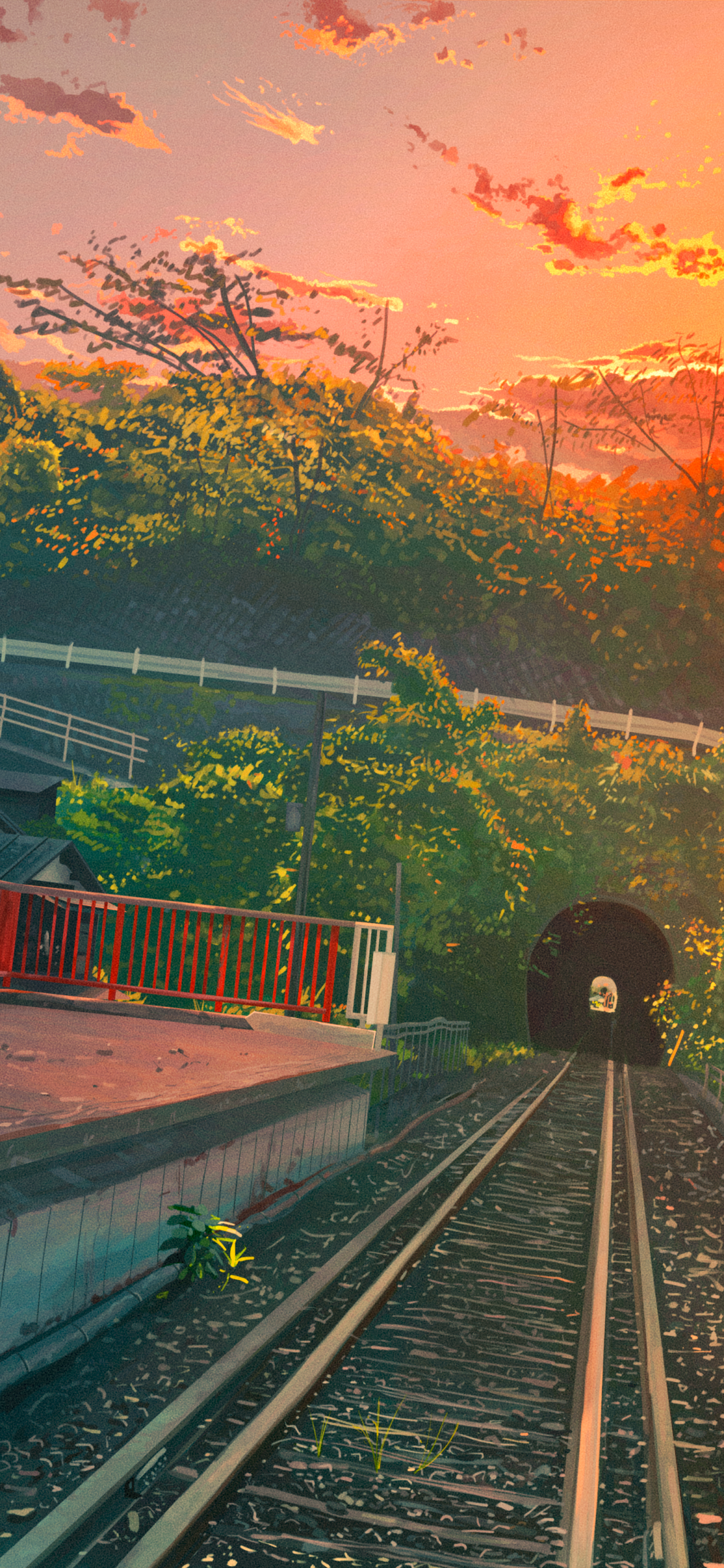 Anime-style sunset train station wallpaper: railway tracks lead into a tunnel framed by lush hills and a glowing orange sky. Vertical phone wallpaper sized for iPhone and Android.