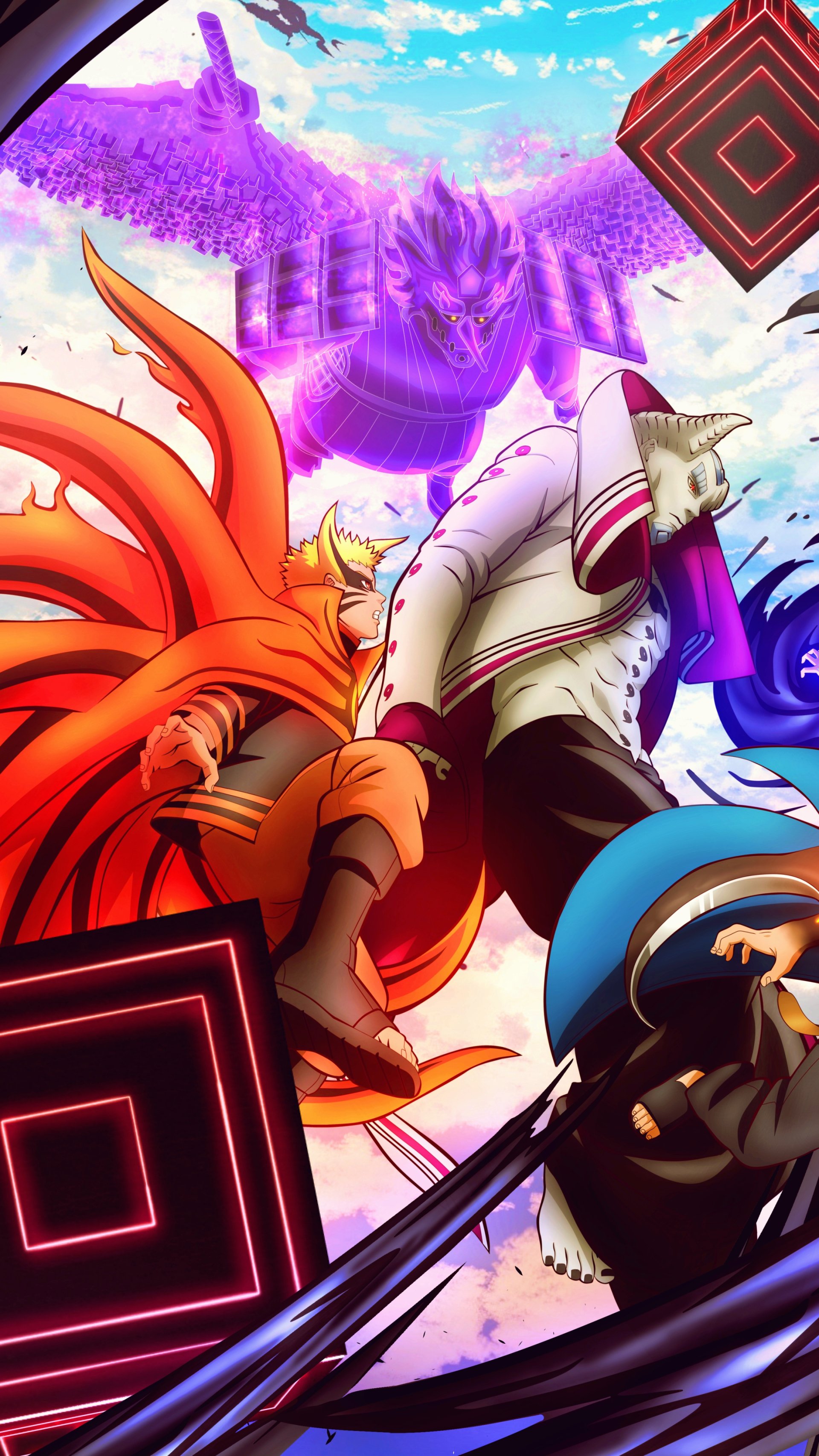 Boruto anime phone wallpaper: three fighters — a blond youth, a masked figure and a dark-haired warrior — charge beneath a towering purple spectral beast and bold red geometric accents.