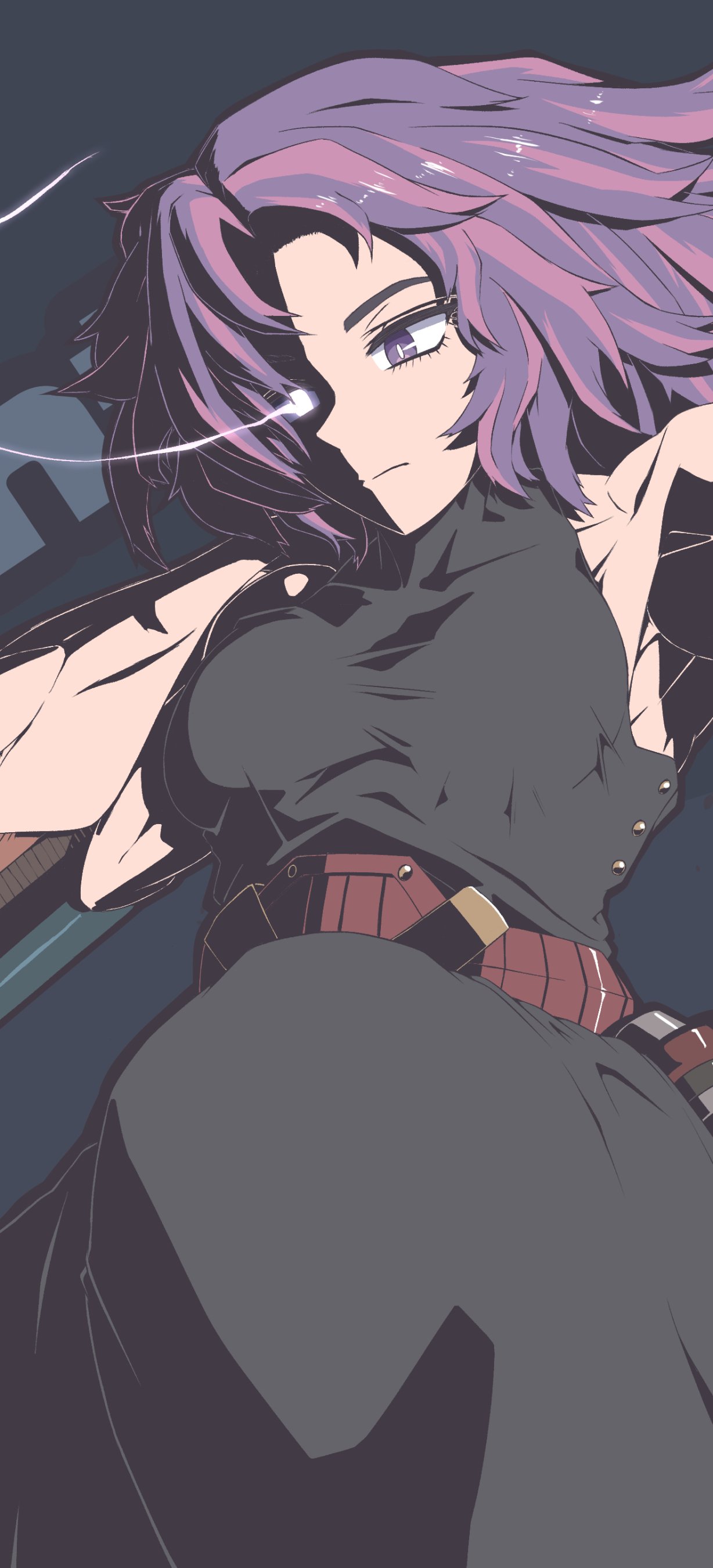 Phone wallpaper of an anime My Hero Academia character: purple‑haired woman in a dark outfit, reclining with a calm, determined expression.