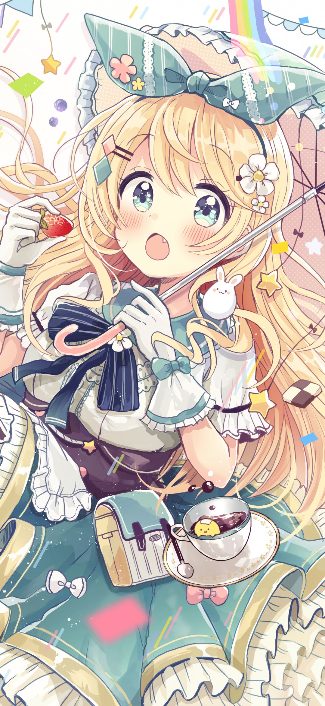 Colorful anime girl with blonde hair, wearing a frilly dress and bow, holding an umbrella and strawberry, designed as a vibrant phone wallpaper for iPhones and Android devices.