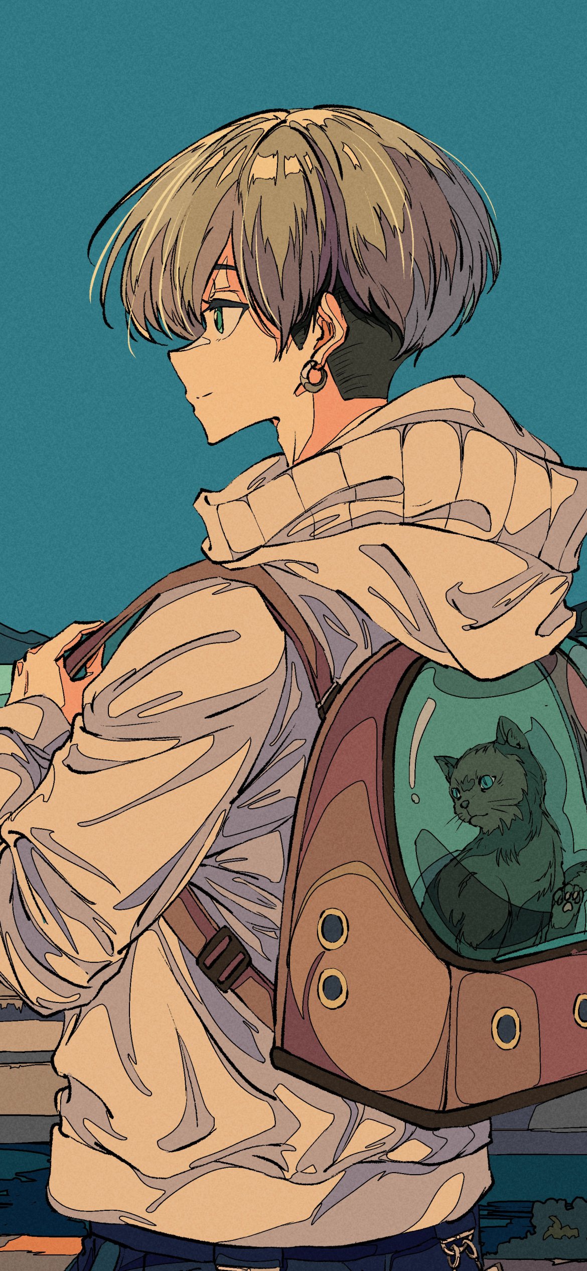 Phone wallpaper of Chifuyu Matsuno from Tokyo Revengers — anime side profile in a hoodie, backpack with a small pet in a clear bubble, teal background, made for iPhone and Android screens.