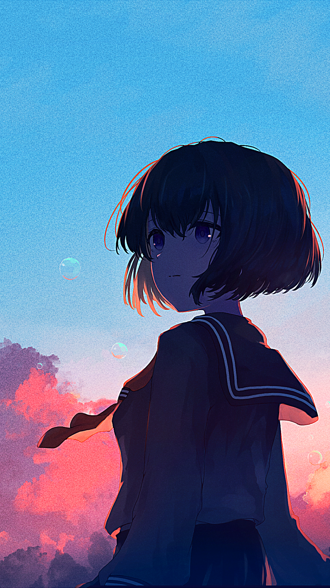 Anime original phone wallpaper: moody silhouette of a short-haired schoolgirl in a sailor uniform against a glowing blue-to-pink sunset sky with floating bubbles.