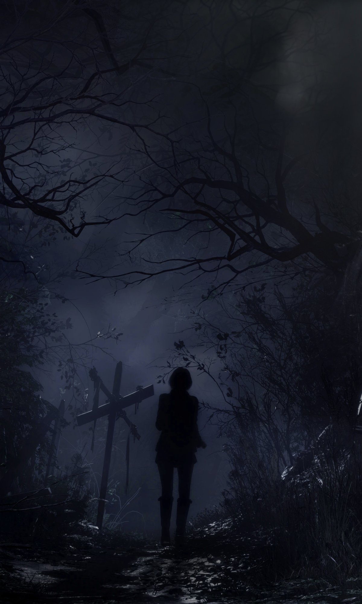Phone wallpaper from the video game Resident Evil 4 (2023): lone silhouetted figure on a foggy moonlit path among twisted trees and wooden crosses, evoking tense gothic horror.