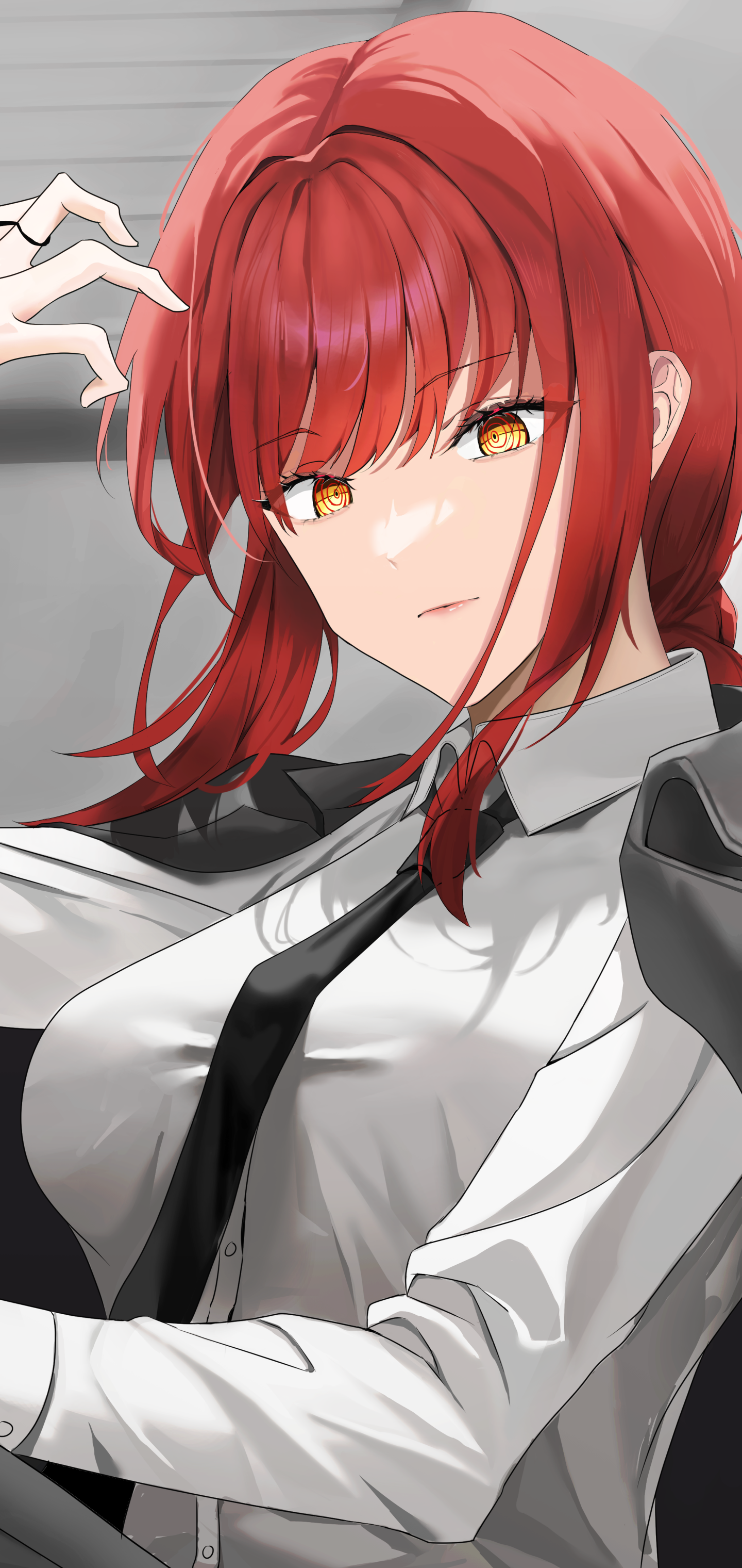 Phone wallpaper of Makima (Chainsaw Man): anime portrait of a red-haired woman with amber eyes in a suit and tie on a gray background, sized for iPhone and Android.