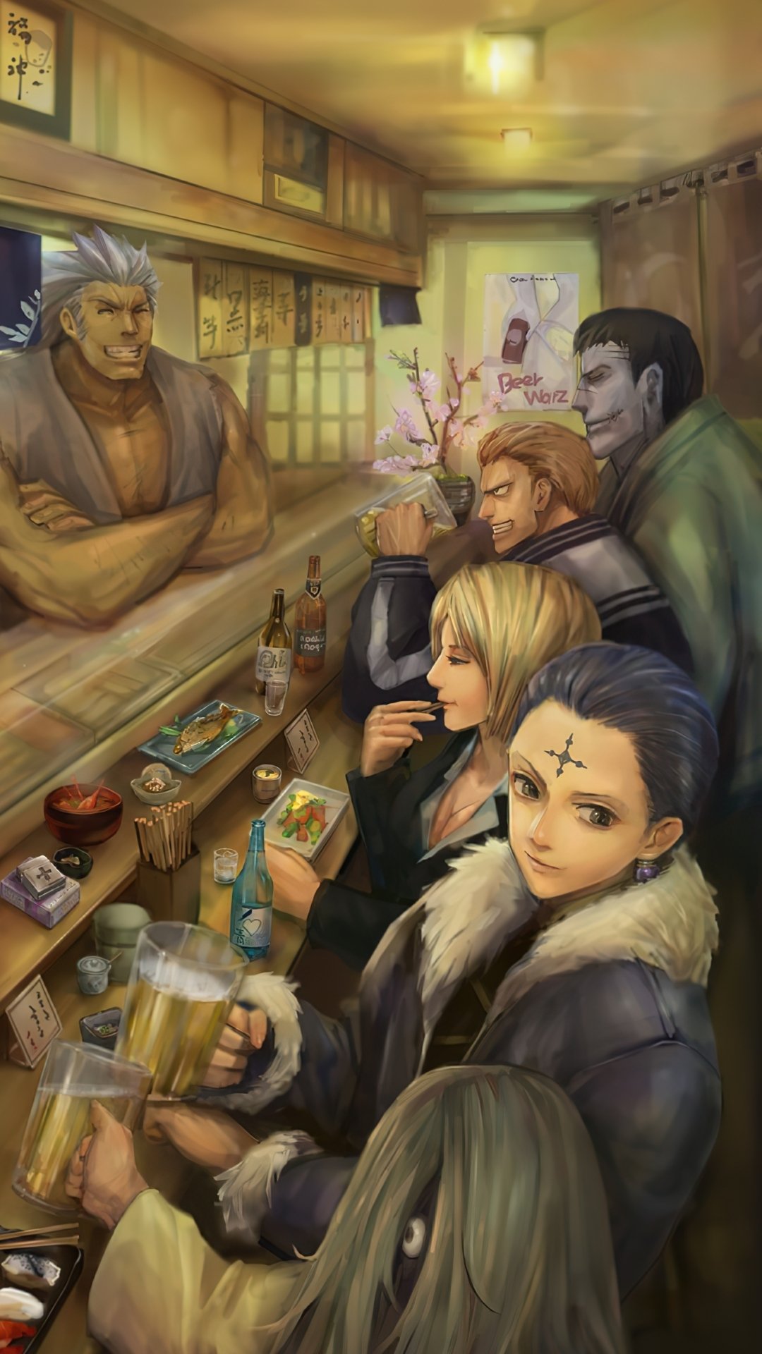 Anime Hunter x Hunter group gathered inside a cozy bar, drinking and chatting, featured as a phone wallpaper for iPhone and Android.