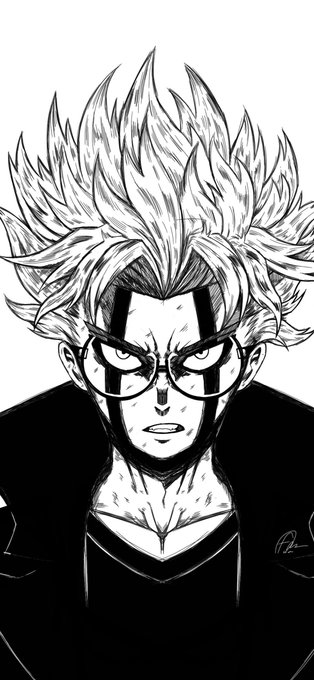 Dandadan anime phone wallpaper: black-and-white close-up of a spiky-haired, glasses-wearing character with bold facial markings and an intense, piercing stare.
