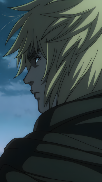 Phone wallpaper of Vinland Saga anime: brooding blond warrior in profile, cloak wrapped around his shoulders beneath a moody twilight sky.