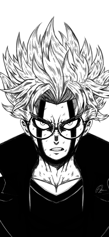 Dandadan anime phone wallpaper: black-and-white close-up of a spiky-haired, glasses-wearing character with bold facial markings and an intense, piercing stare.