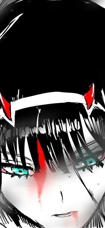 Phone wallpaper close-up of Zero Two (Darling in the FranXX): anime monochrome portrait with teal eyes, red horn accents and streaks of red on her face.