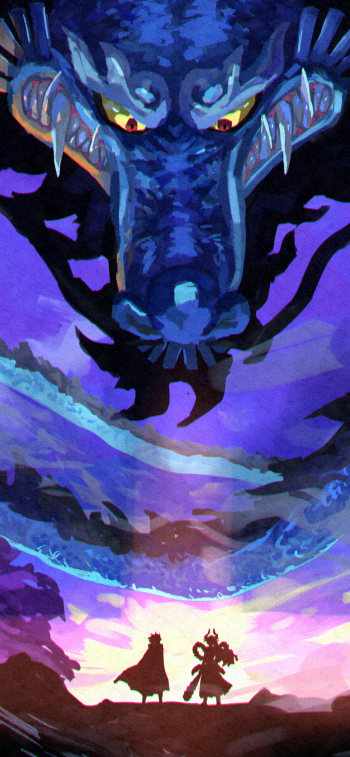 Phone wallpaper featuring a dramatic One Piece anime scene with two silhouettes facing a colossal, glowing blue dragon against a vibrant twilight sky, compatible with iPhones and Android phones.