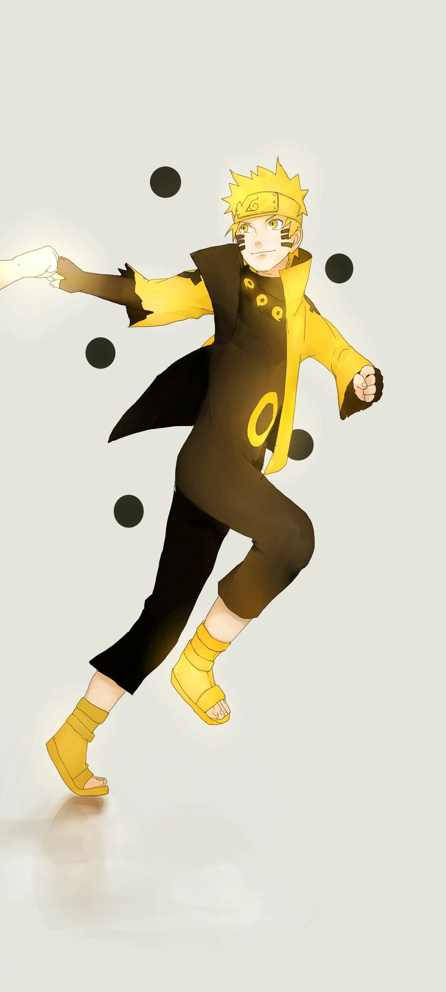 Phone wallpaper featuring Naruto Uzumaki from the anime Naruto, showcasing him in dynamic pose with glowing yellow attire and black orbs floating around.
