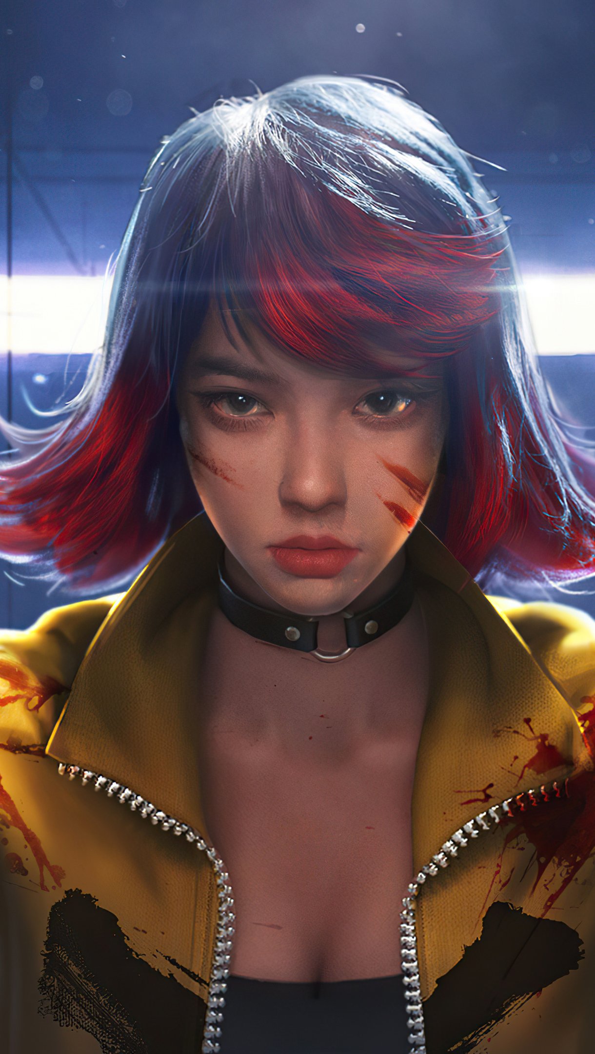 Phone wallpaper of a Garena Free Fire character: close-up of a fierce young woman with black-and-red hair, face scratches, choker and yellow jacket under dramatic backlight.