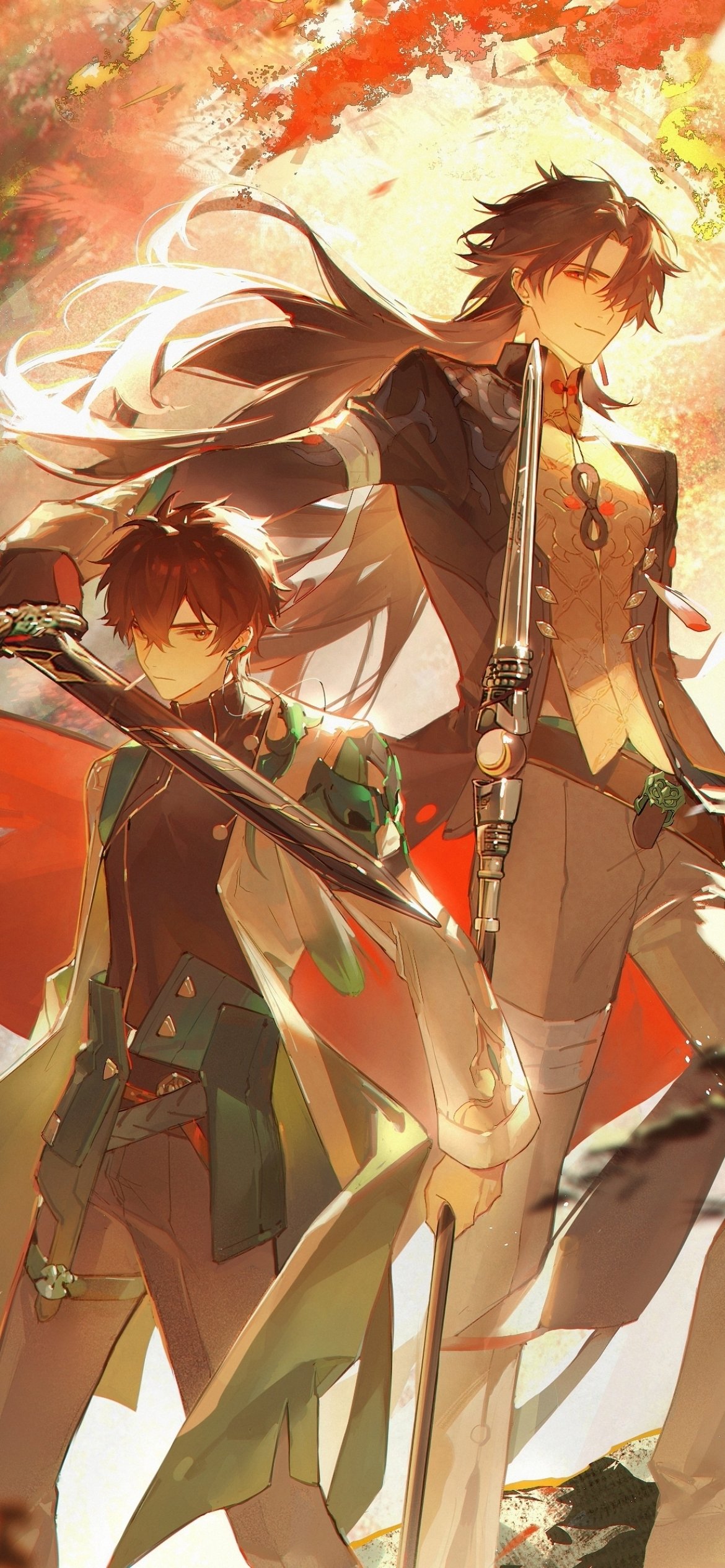 Phone wallpaper of Dan Heng and Blade from the video game Honkai: Star Rail, standing back-to-back with swords amid autumn light and swirling leaves.