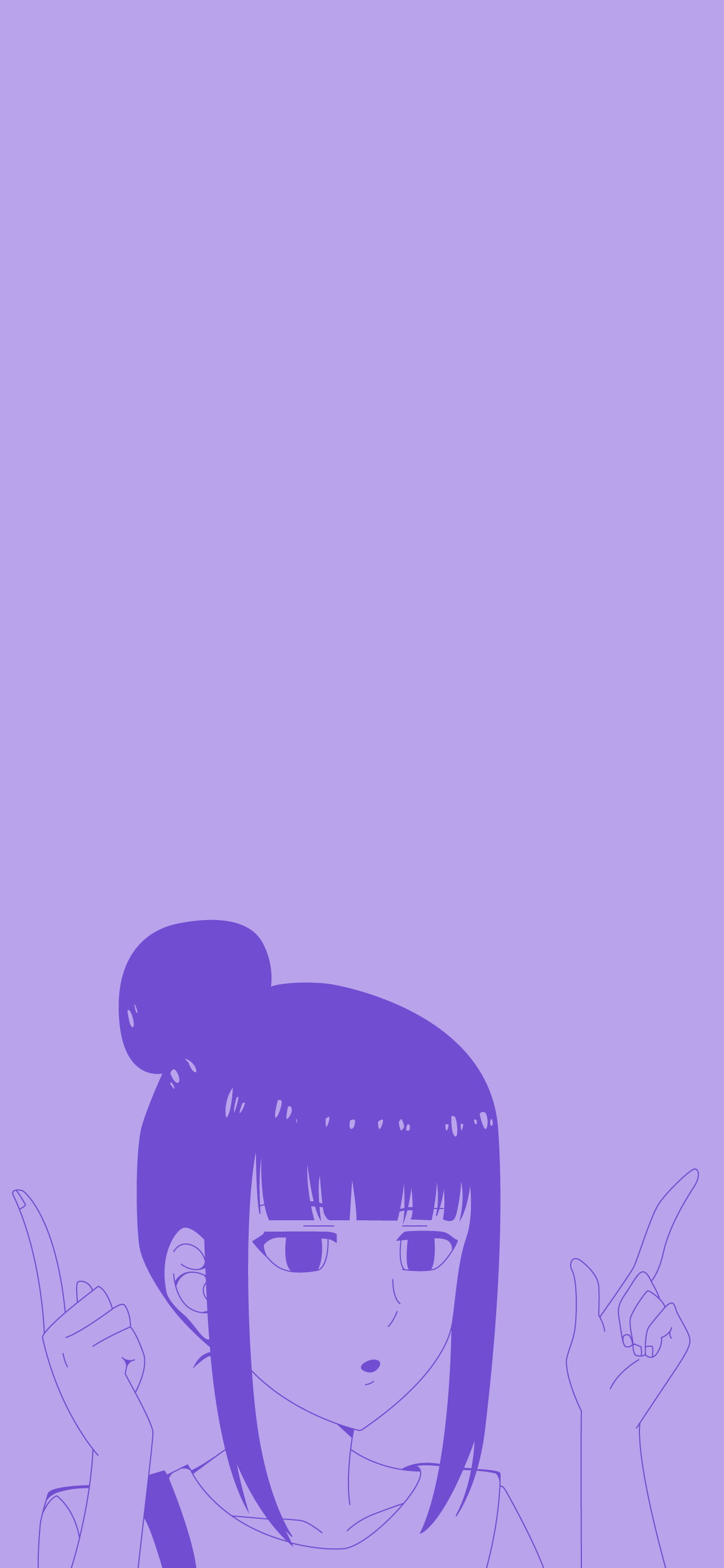 Minimal purple phone wallpaper of Misuzu Gundou (Tomo-chan Is a Girl!) in anime style, shoulders-up with a bun and both index fingers raised.