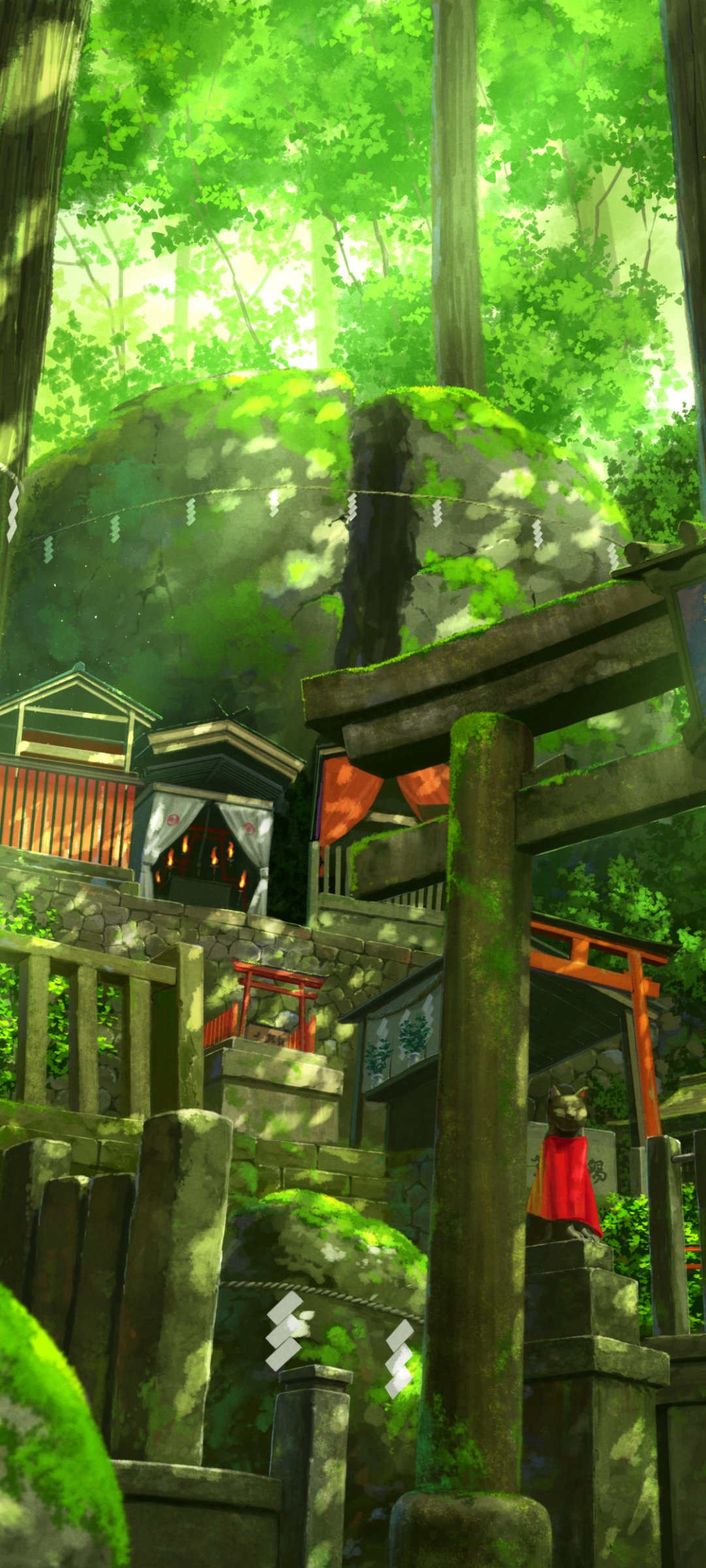 Vertical anime phone wallpaper of a mossy mountain temple shrine: stone torii and steps ascend through sun-dappled green forest toward wooden shrine buildings.