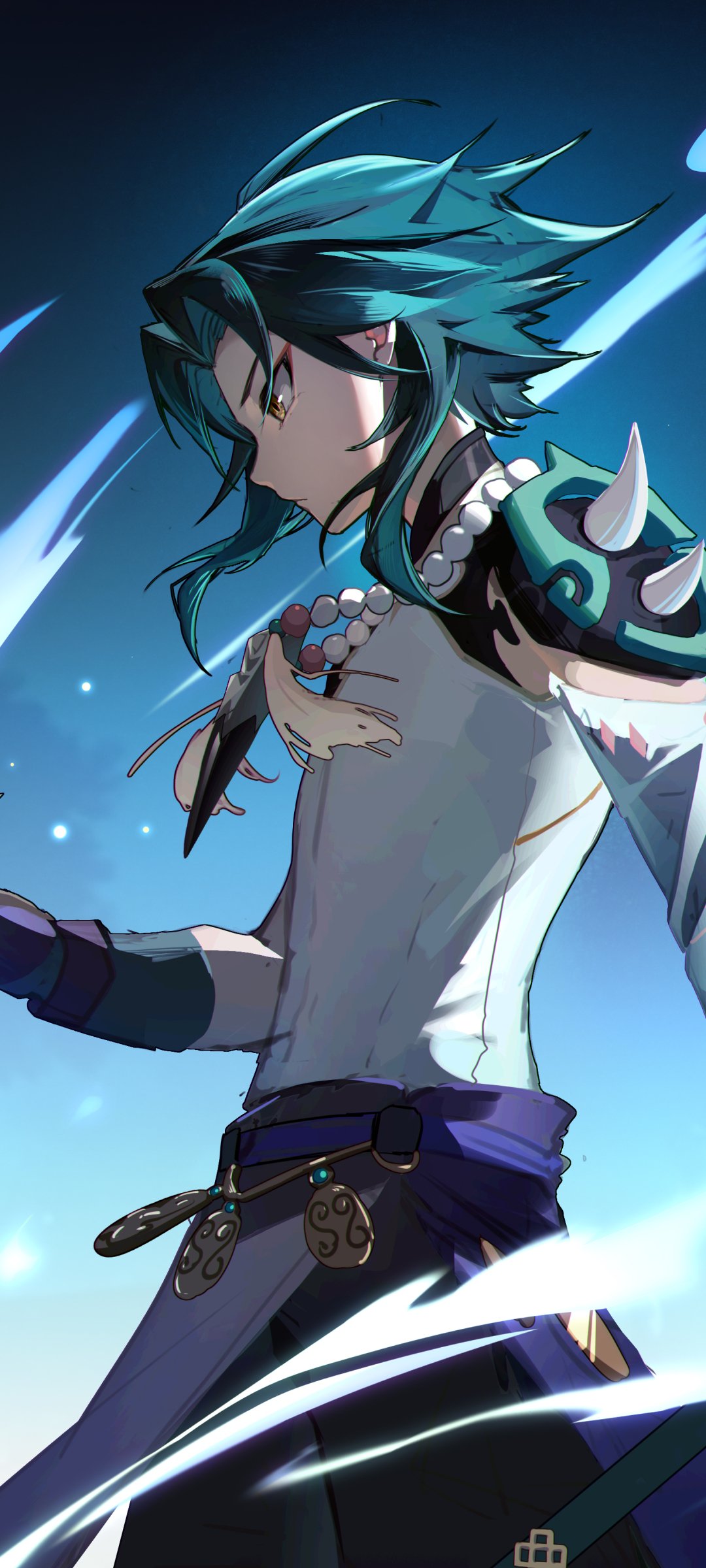 Phone wallpaper featuring Xiao from Genshin Impact, showcasing the character’s dynamic pose and detailed design against a vibrant blue background.