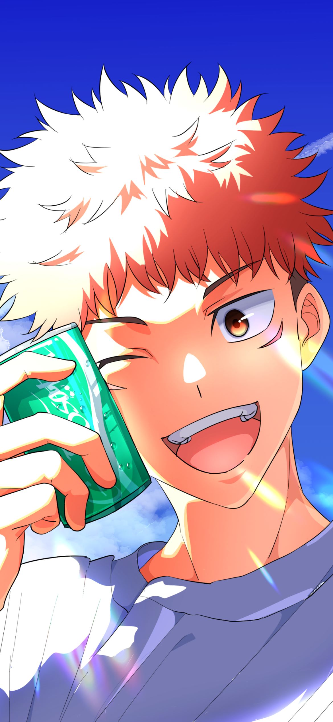 Anime-style phone wallpaper of Yuji Itadori from Jujutsu Kaisen holding a green can, smiling against a bright blue sky, compatible with iPhones and Android devices.