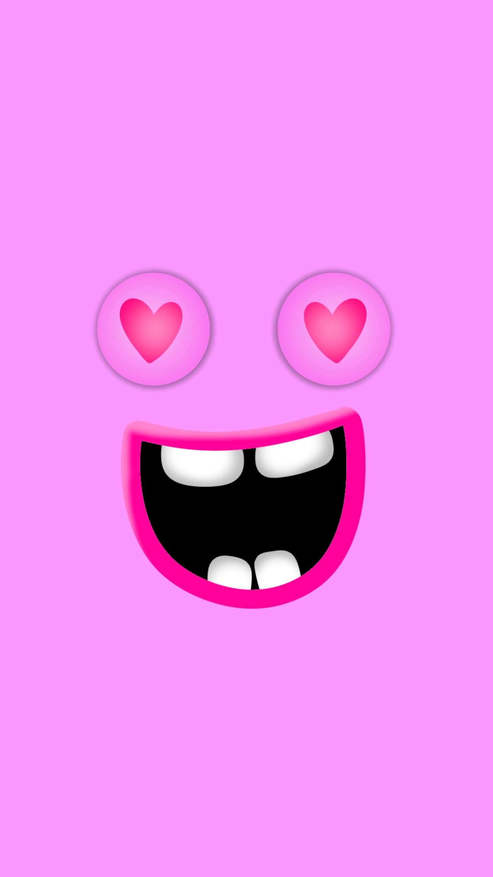 Pink phone wallpaper of a playful emoji face with heart-shaped eyes and a wide open grin showing two front teeth.