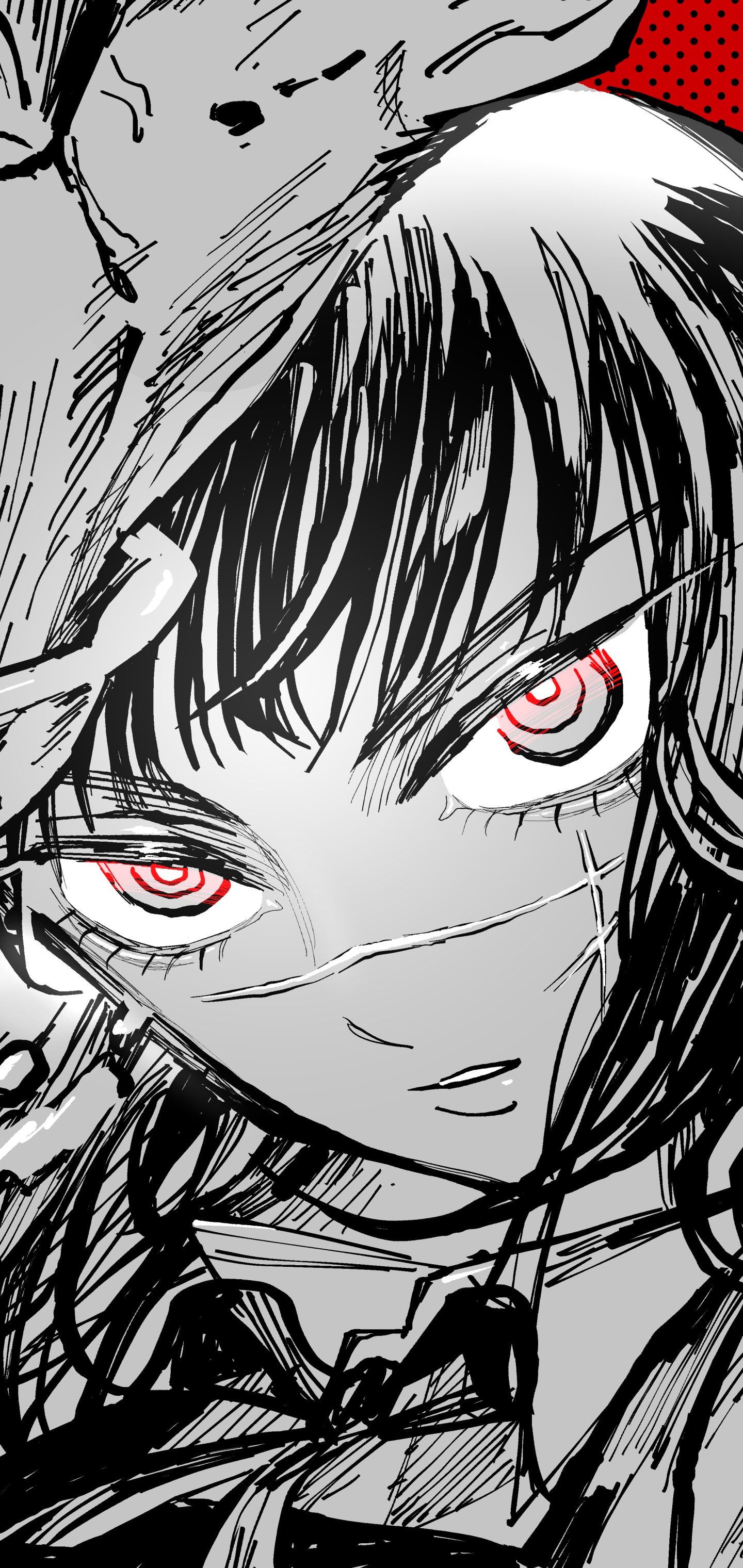 Phone wallpaper anime close-up of Asa Mitaka as the War Devil from Chainsaw Man: black-and-white manga-style portrait with glowing red eyes and chaotic linework.
