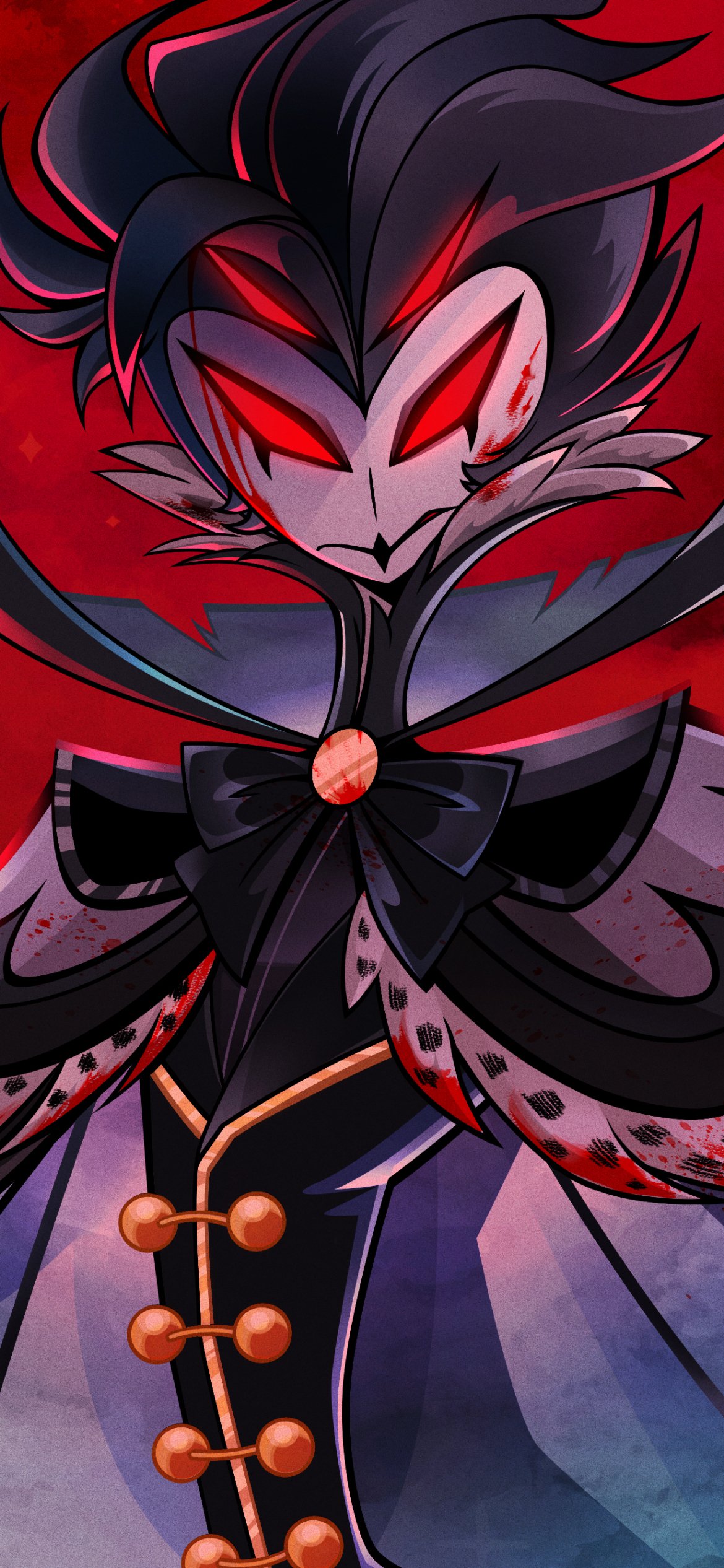 Vertical phone wallpaper of a stylized Helluva Boss TV show demon with glowing red eyes, a sharp grin, ornate black-and-red suit, and a dramatic swirling cape.
