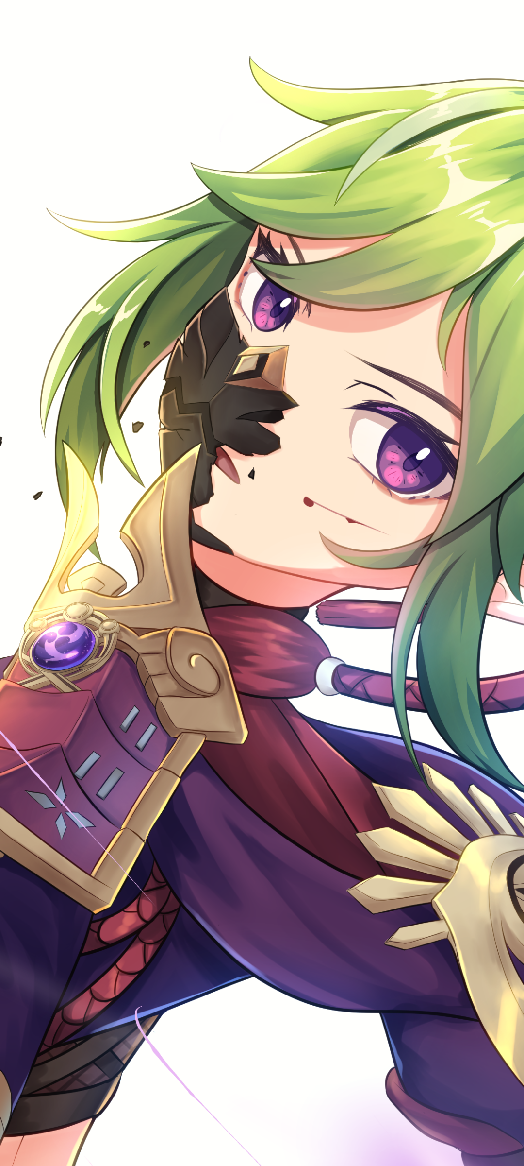 Phone wallpaper of Kuki Shinobu from the video game Genshin Impact — close-up portrait with green hair, purple eyes, and a partial mask and ornate outfit.