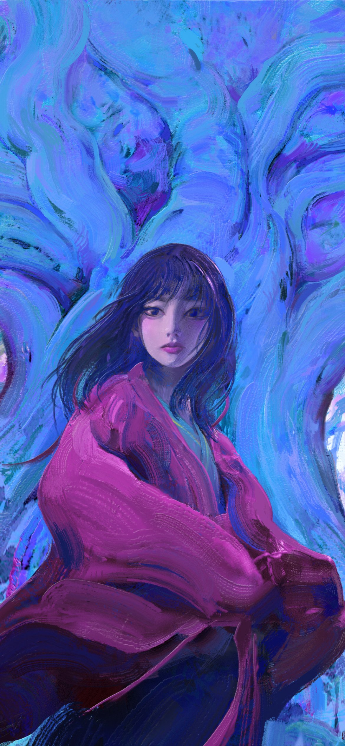 Fantasy oriental phone wallpaper: a young woman in a flowing pink robe with dark hair, set against swirling luminous blue tails or ethereal waves, eyes calm and mysterious.