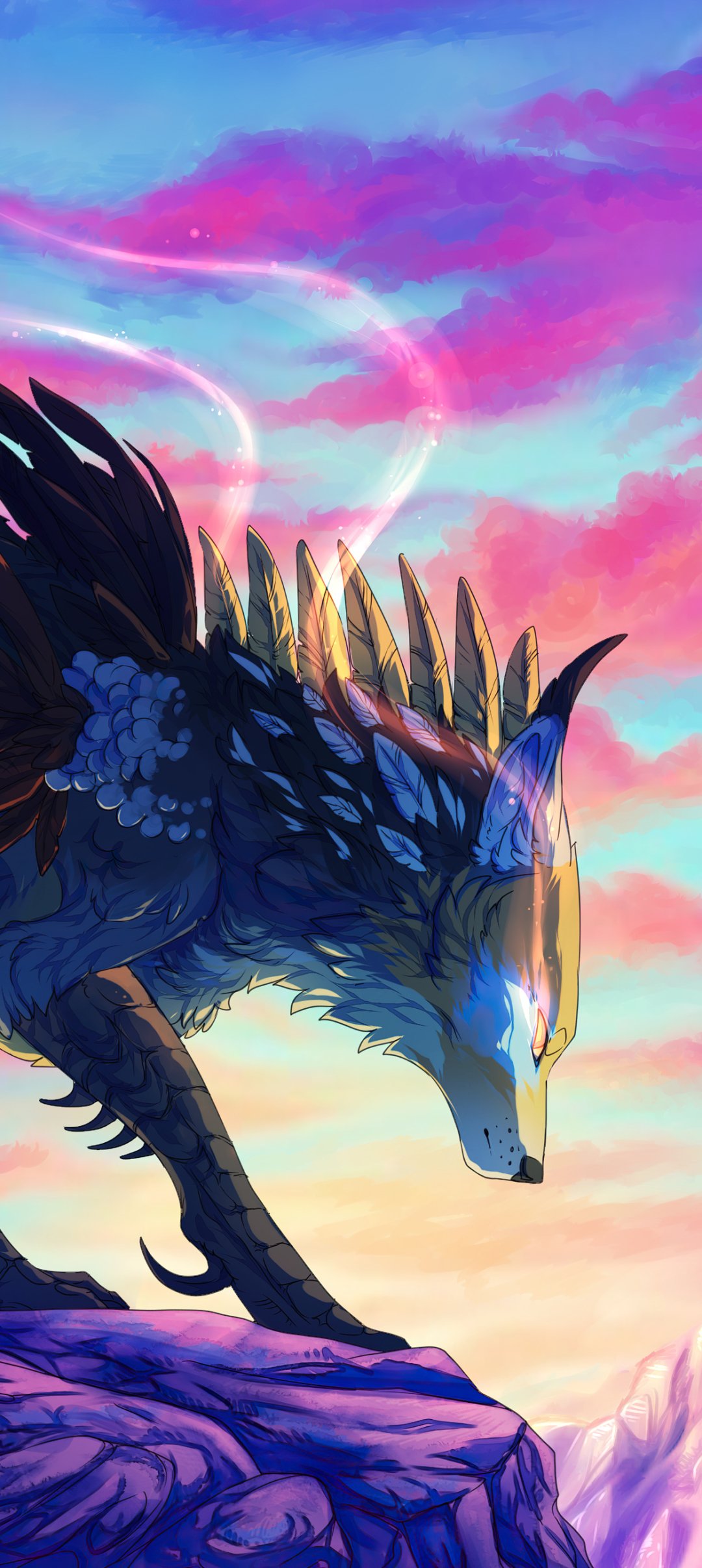 Phone wallpaper: a fantasy creature — a horned, spined beast with glowing blue markings bows on a cliff beneath a vivid pink-and-turquoise sunset sky.
