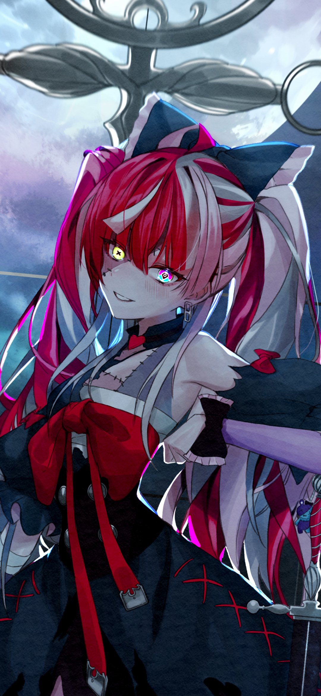 Phone wallpaper of hololive Virtual YouTuber Kureiji Ollie — anime-style zombie girl with red/white twin tails, mismatched eyes, gothic dress and a mischievous grin.