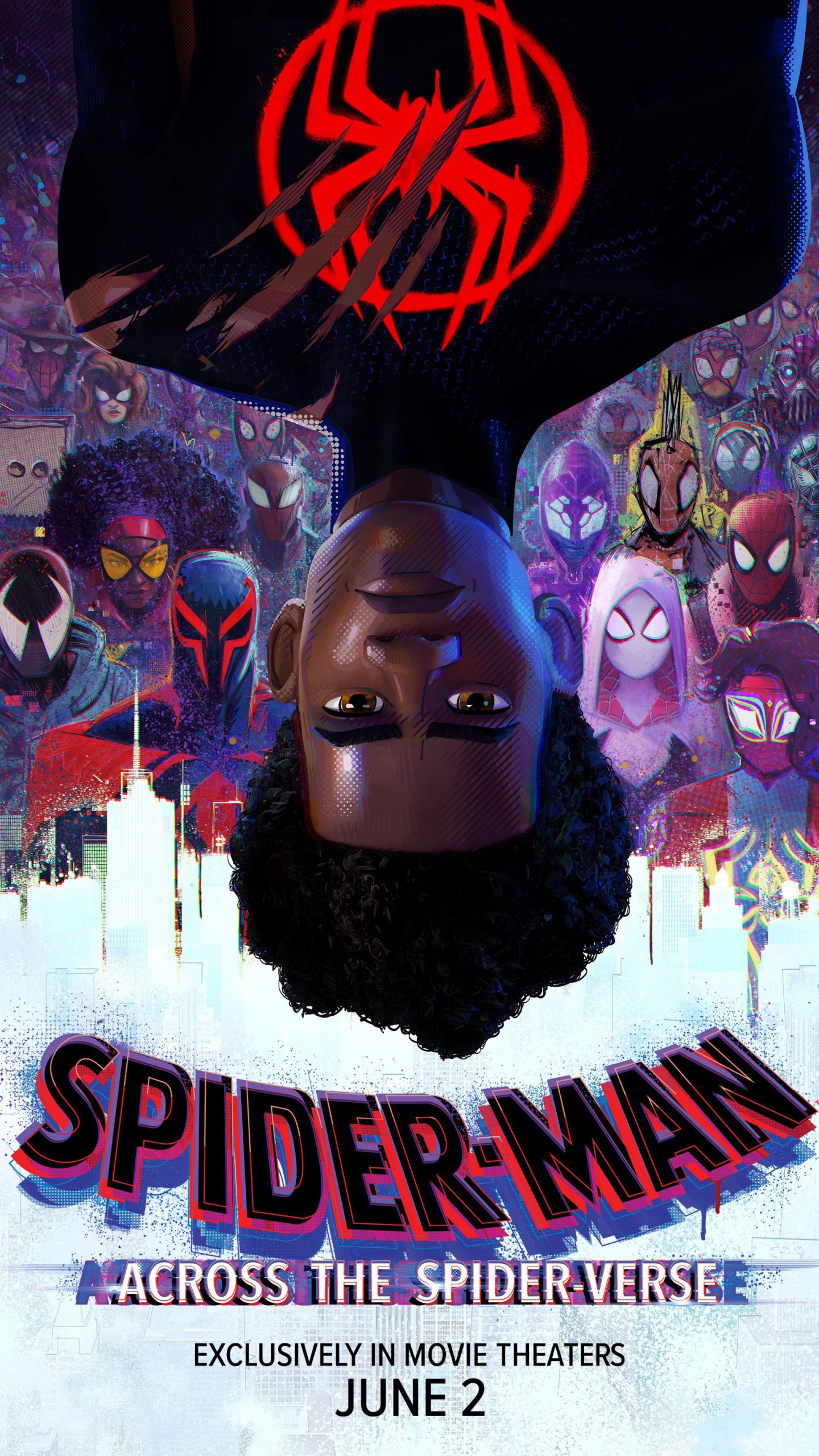 Phone wallpaper featuring Miles Morales and other Spider-Man characters from the movie Spider-Man: Across the Spider-Verse, designed for iPhones and Android devices.