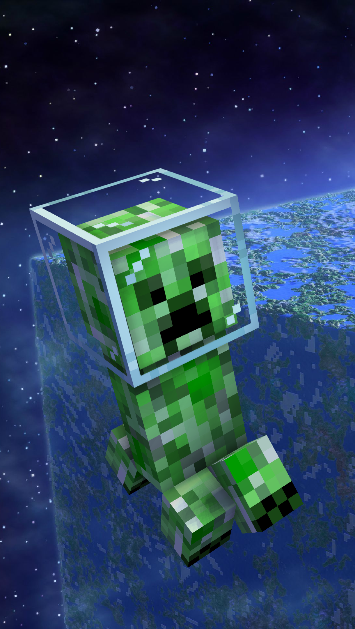 Minecraft Creeper encased in a glass cube floating in a starry space scene, designed as a phone wallpaper compatible with iPhone and Android devices.