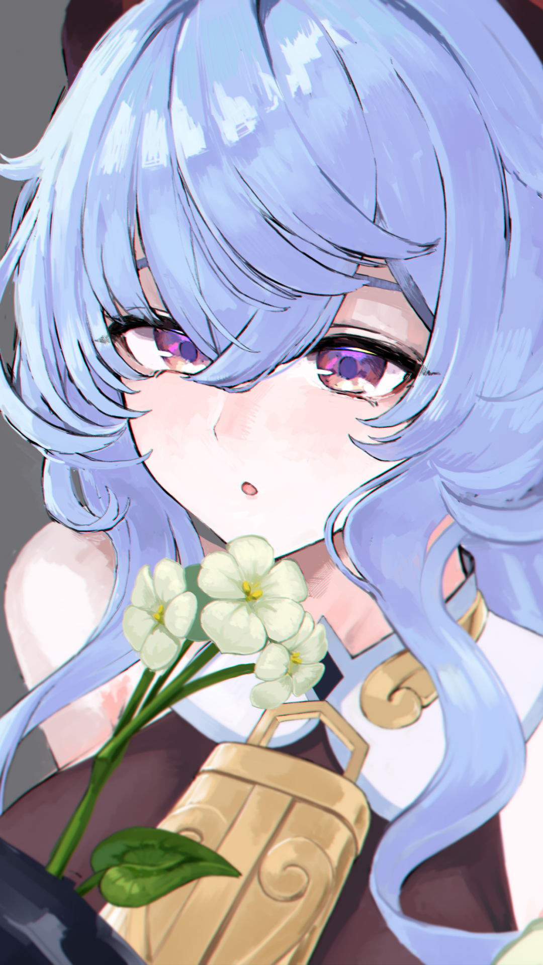 Phone wallpaper of Ganyu from Genshin Impact: close-up portrait with pastel blue hair and violet eyes, holding white flowers and her golden bell accessory.