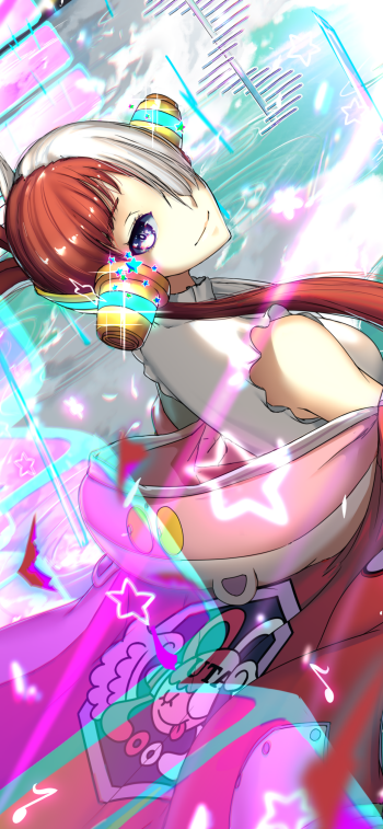 Vibrant phone wallpaper of Uta (One Piece): anime-style portrait with headphones, flowing red hair, neon stars and music motifs — formatted for iPhone and Android screens.