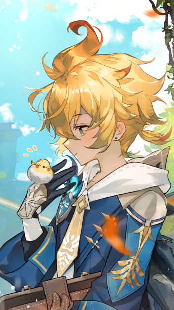 Phone wallpaper of Mika from the video game Genshin Impact: blond, wind-swept young bard in a blue-and-white outfit gently holding a small bird against a bright sky.