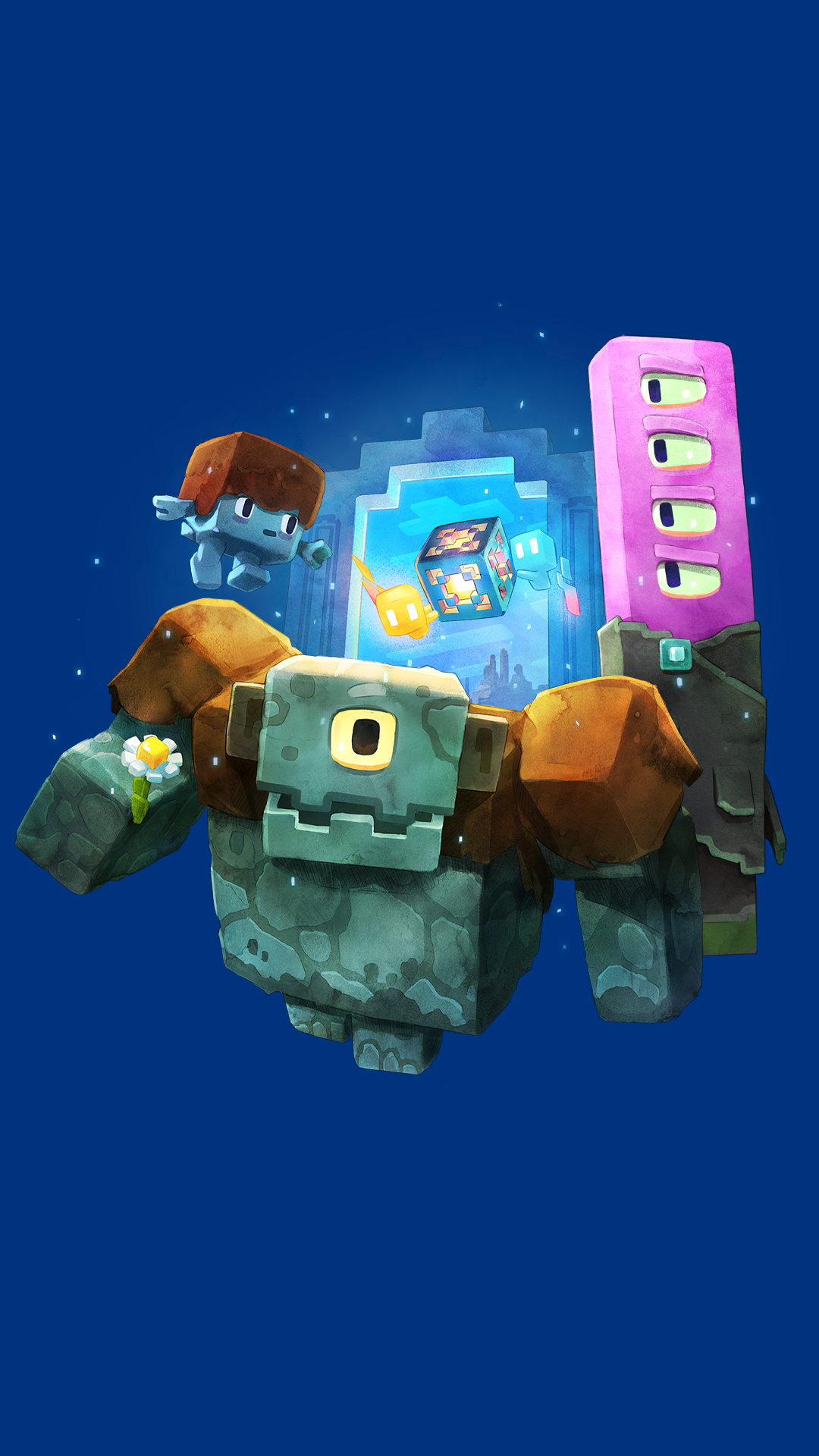 Minecraft Legends themed phone wallpaper featuring iconic in-game elements against a deep blue background.