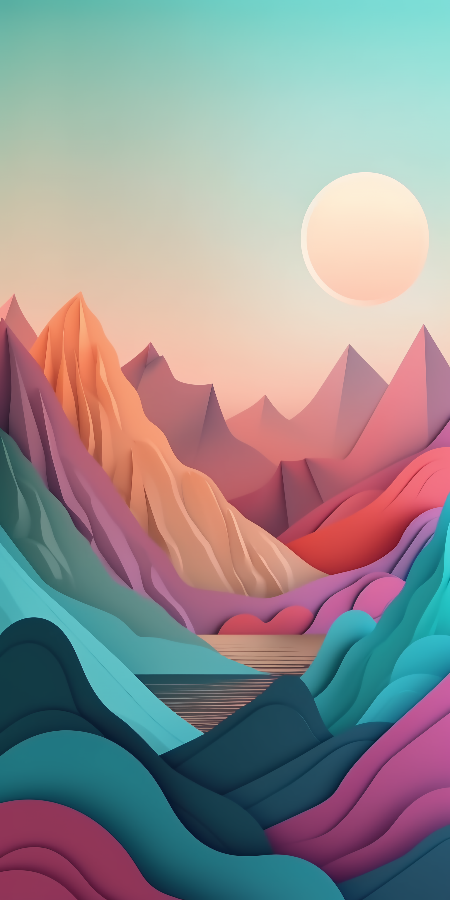 AI art phone wallpaper depicting artistic layered mountains in pastel hues, a calm lake foreground, and a large pale sun low on the horizon.
