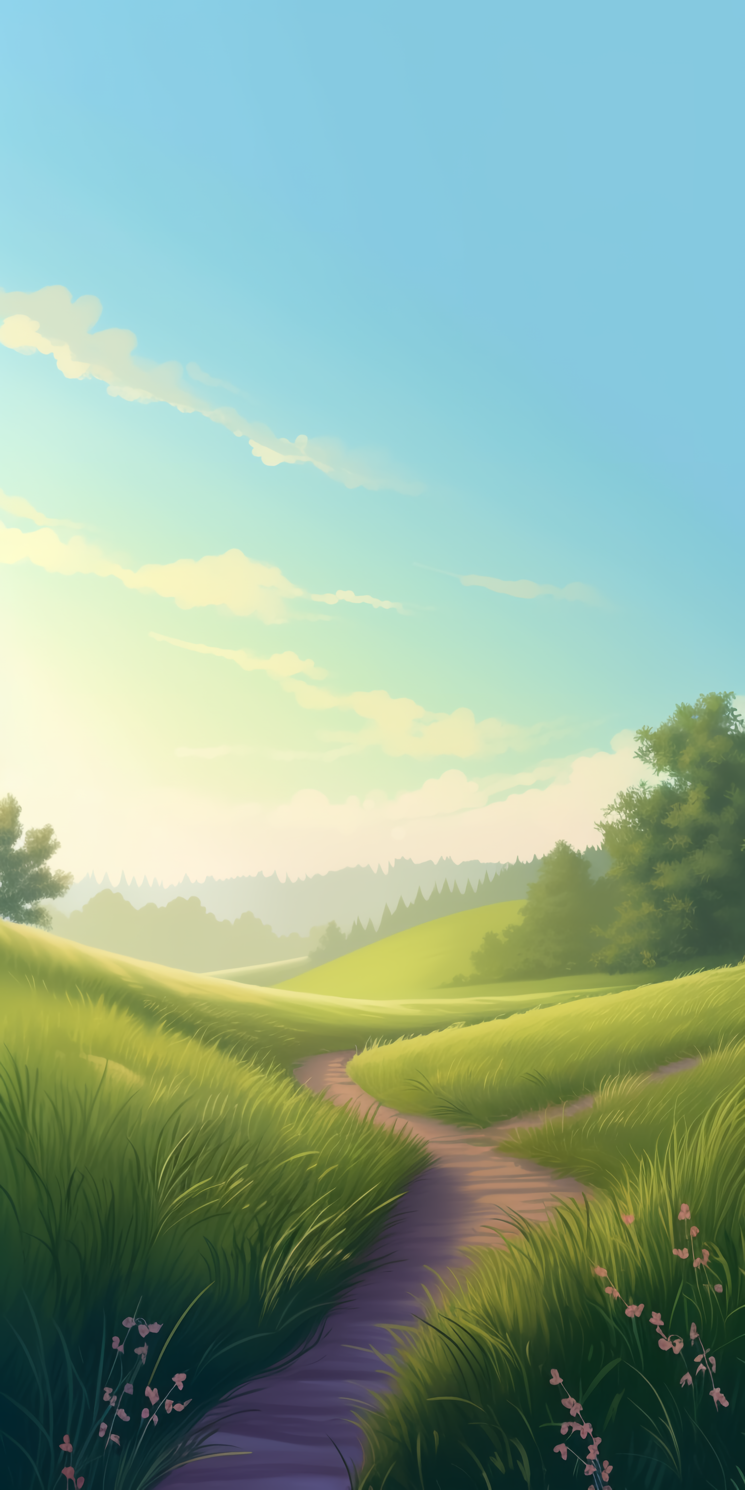 Artistic AI-generated phone wallpaper showing a serene path winding through lush green fields under a bright blue sky, designed for both iPhone and Android screens.