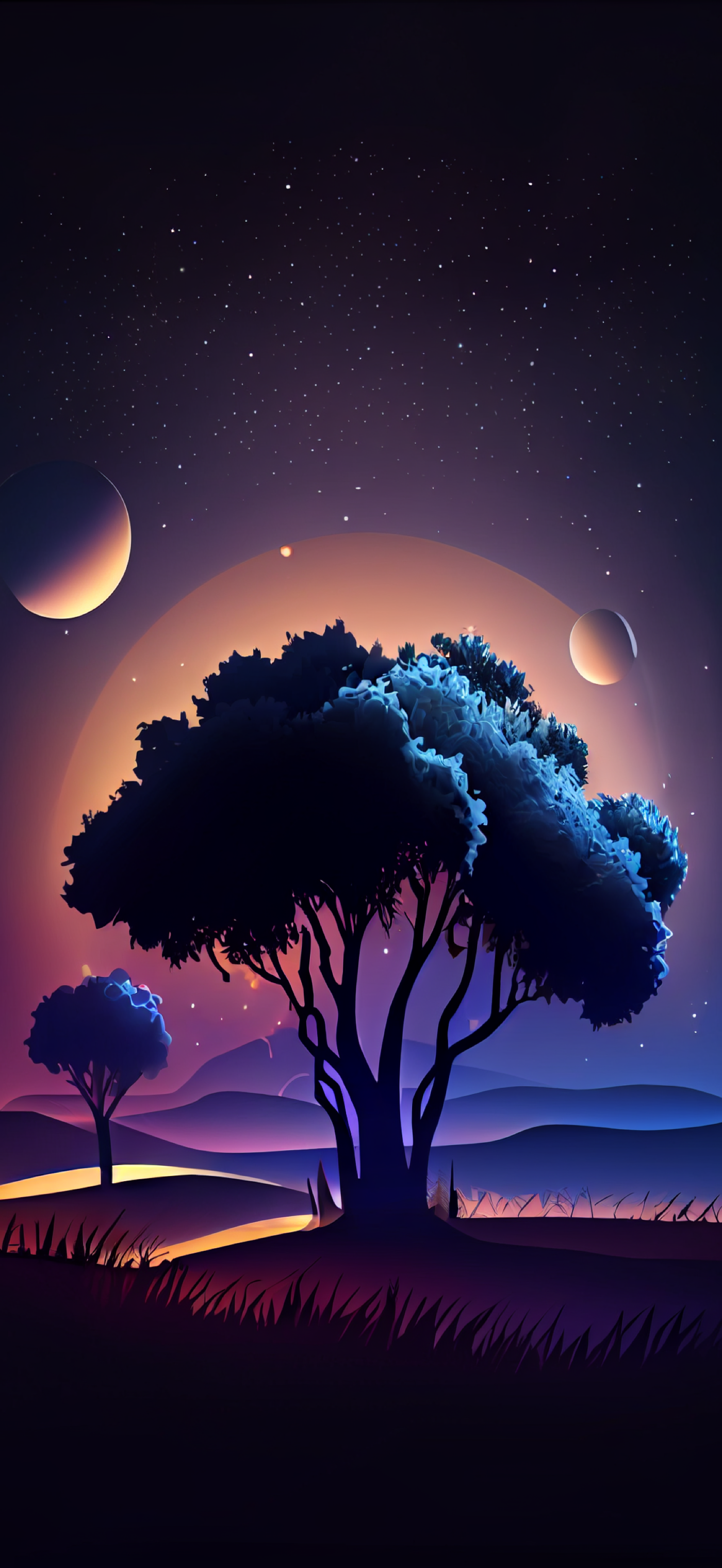 AI art phone wallpaper — artistic silhouetted tree on rolling hills, glowing horizon and two moons beneath a starry purple-blue sky.