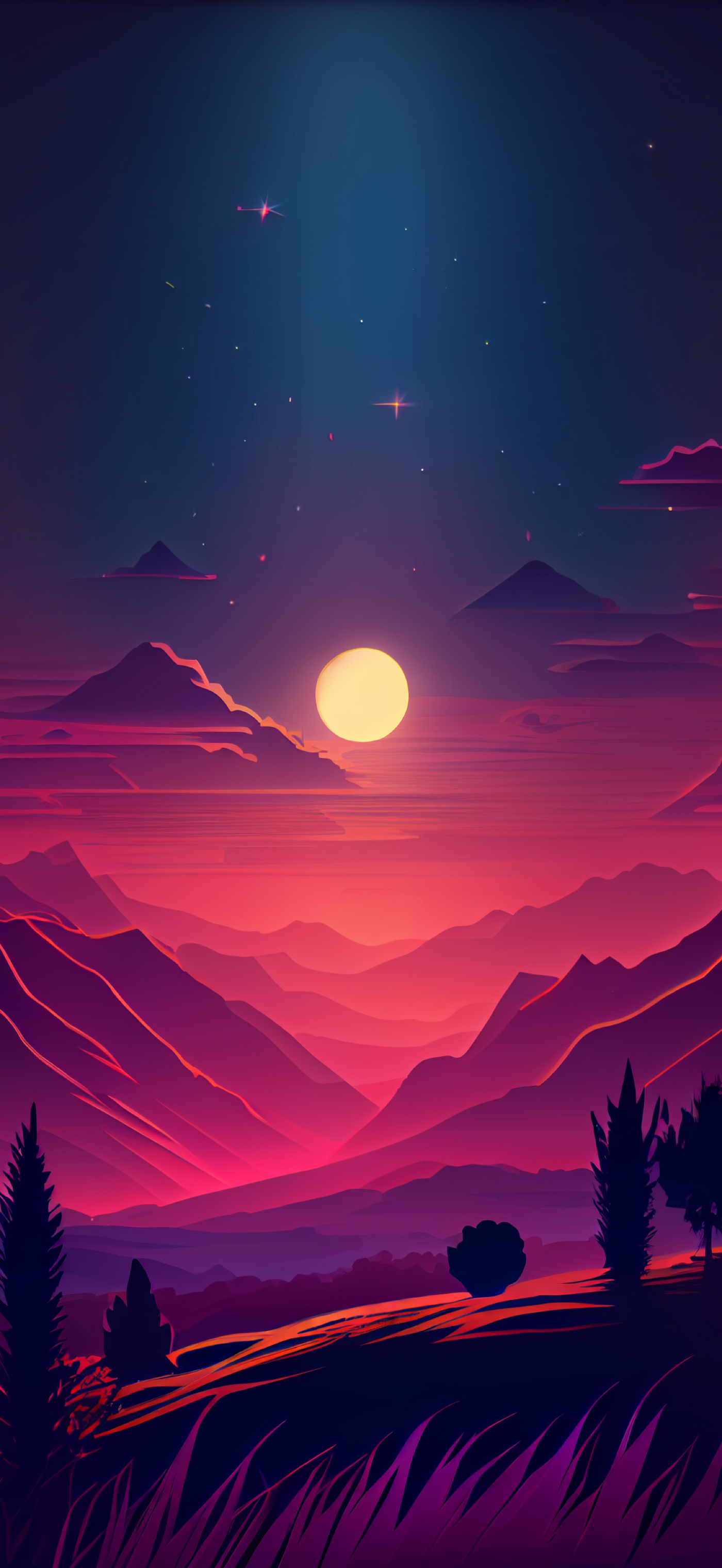 AI-generated artistic landscape with a glowing sun setting behind layered mountains and silhouetted trees, designed as a vibrant phone wallpaper for iPhones and Android devices.