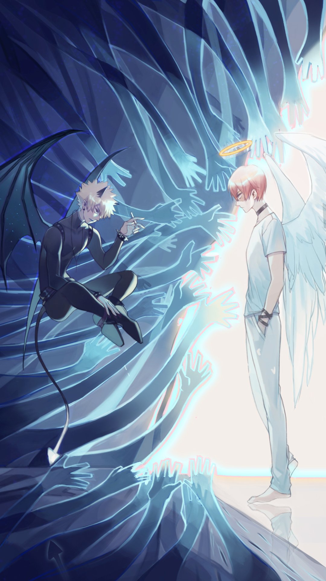 Phone wallpaper of Katsuki Bakugou and Shoto Todoroki from My Hero Academia — Bakugou as a dark winged figure reaching toward angelic Todoroki amid swirling blue flames and white light.