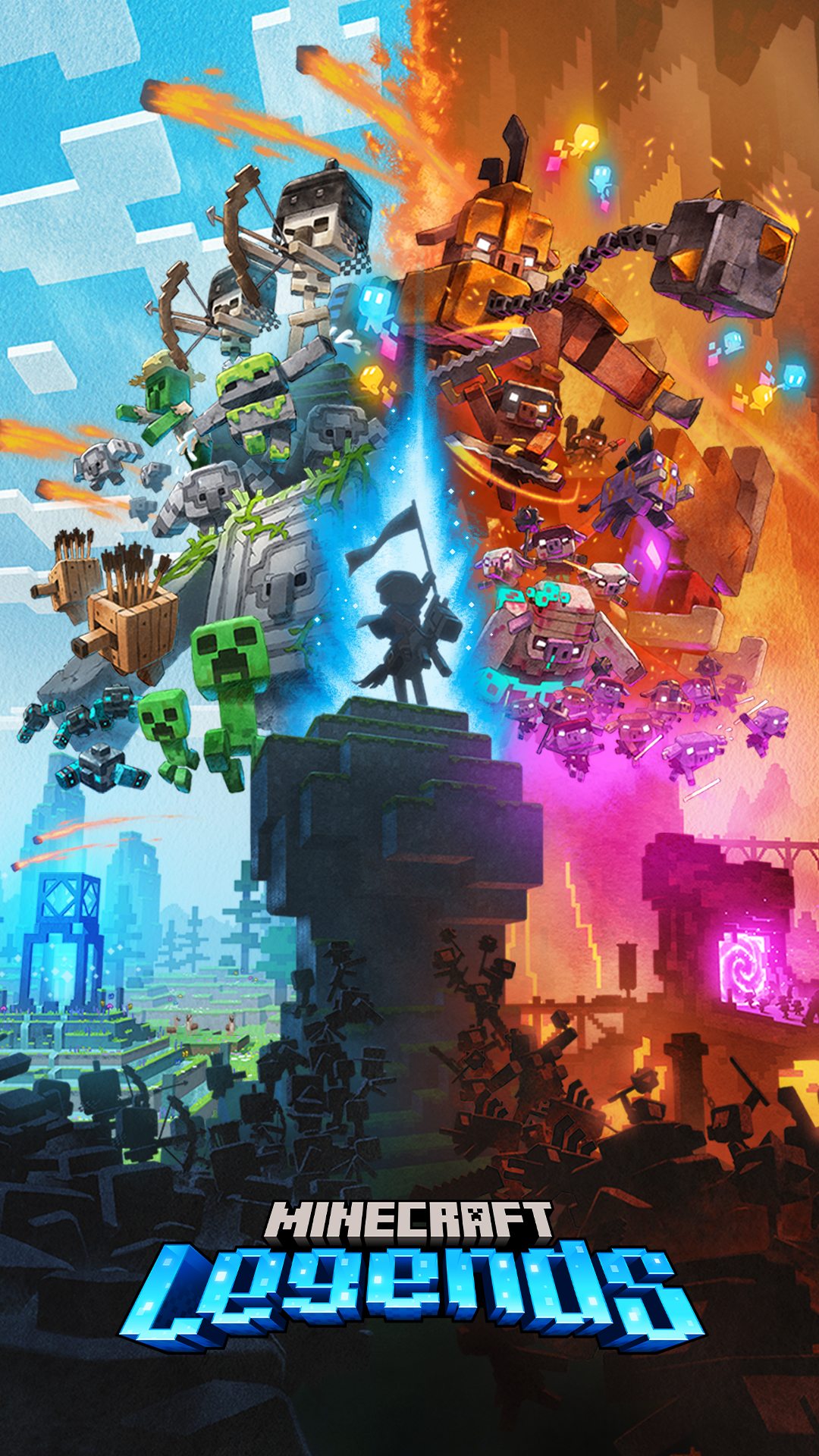 Dynamic Minecraft Legends phone wallpaper featuring iconic blocky characters and vibrant in-game action scenes.