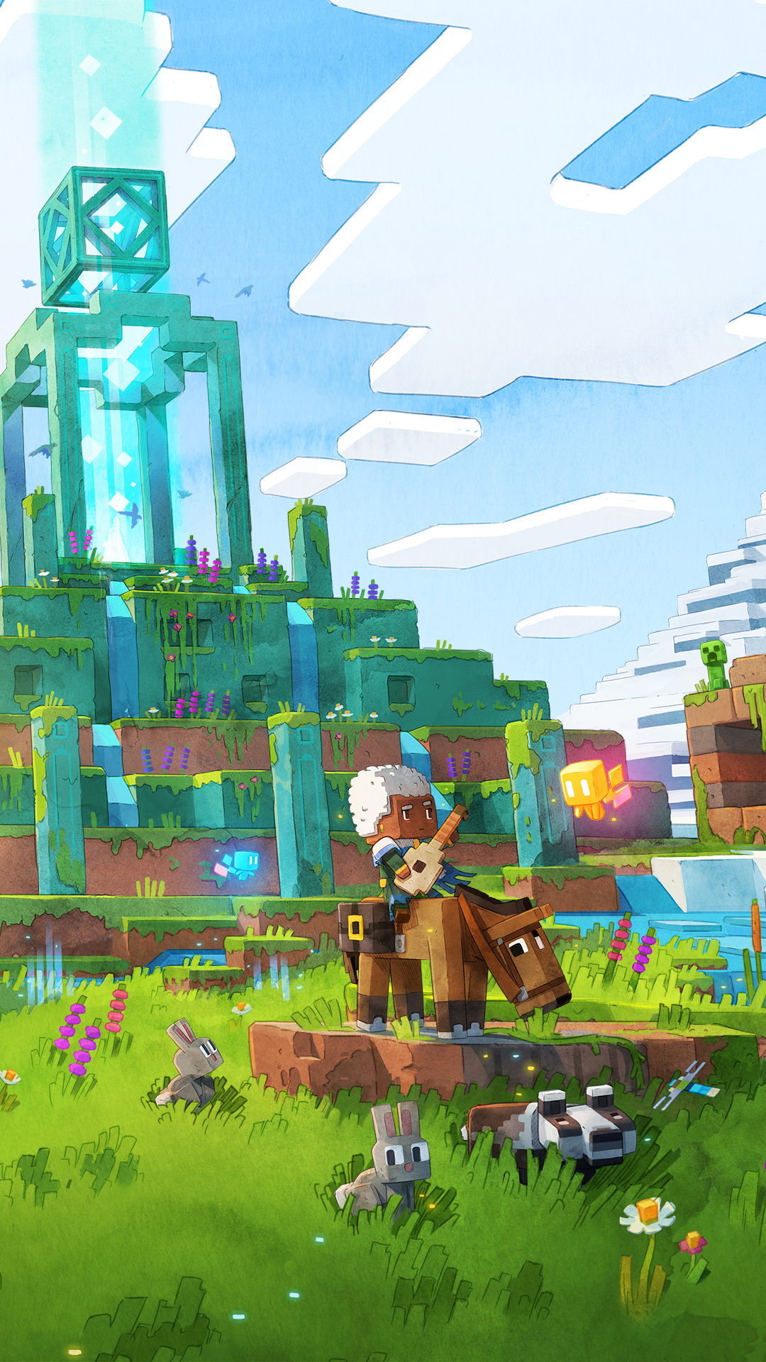 Minecraft Legends phone wallpaper featuring a character with a sword and a dog in a lush, blocky environment