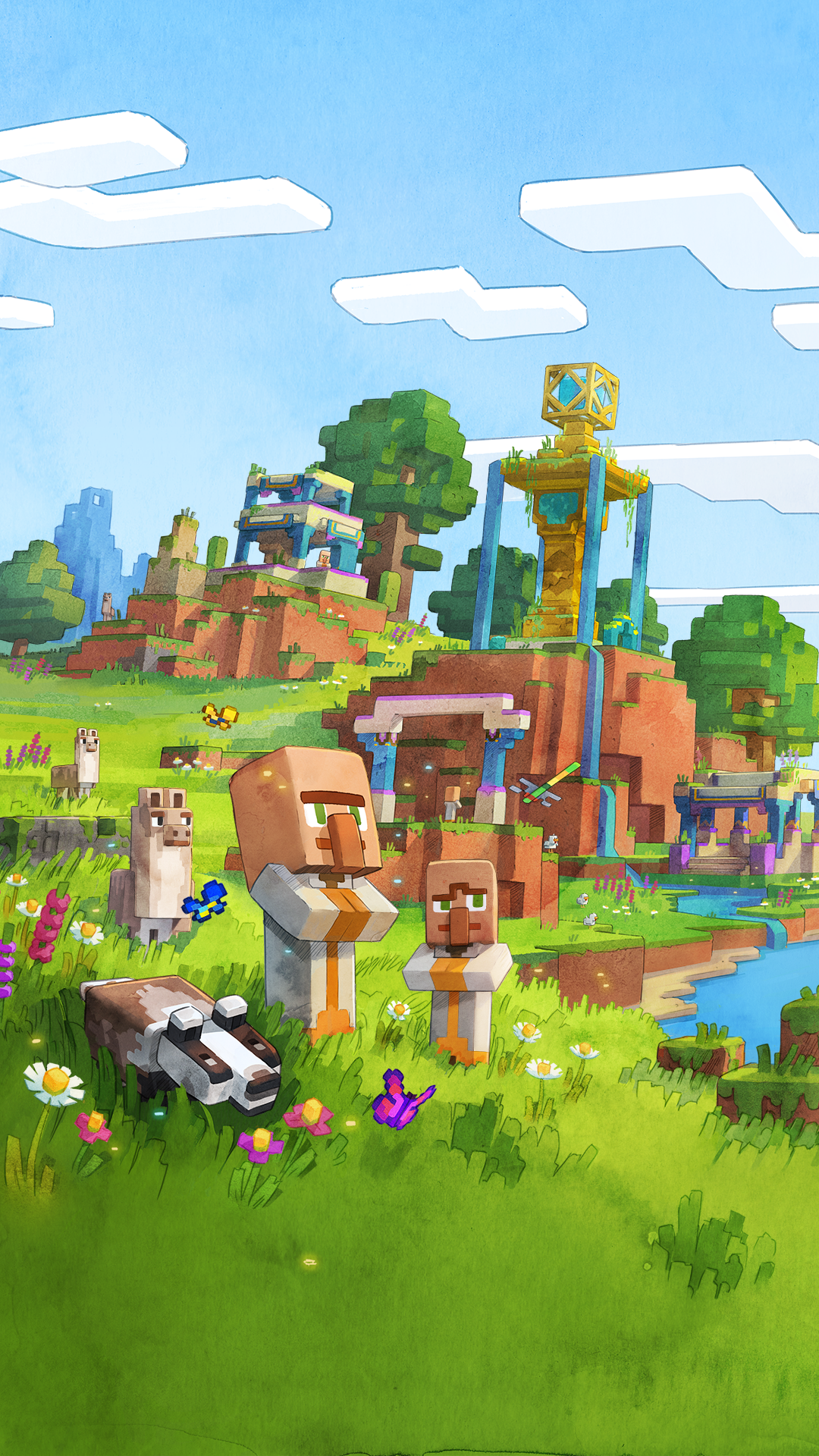 Colorful Minecraft Legends phone wallpaper featuring a vibrant landscape with iconic block-style characters and structures.