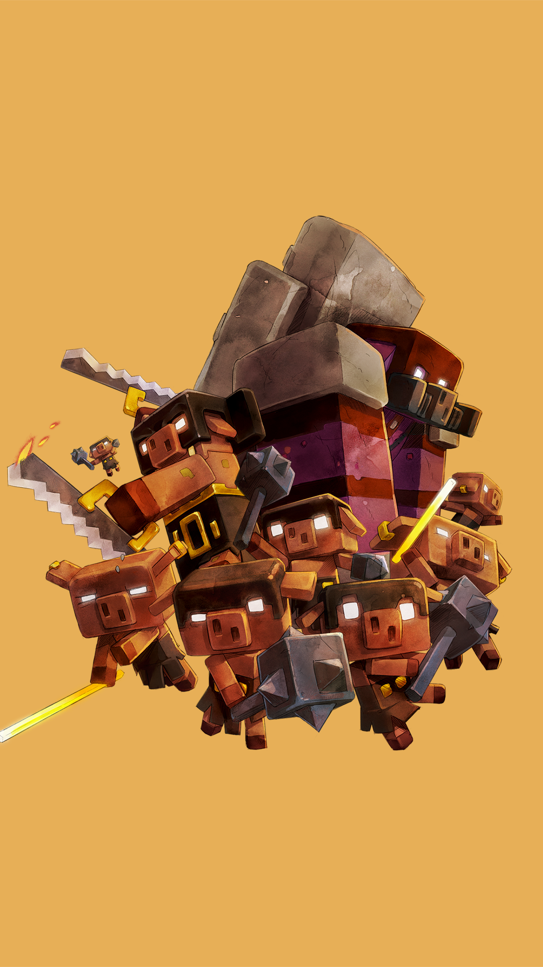 Minecraft Legends phone wallpaper featuring an energetic cluster of Minecraft characters ready for adventure on a warm background.