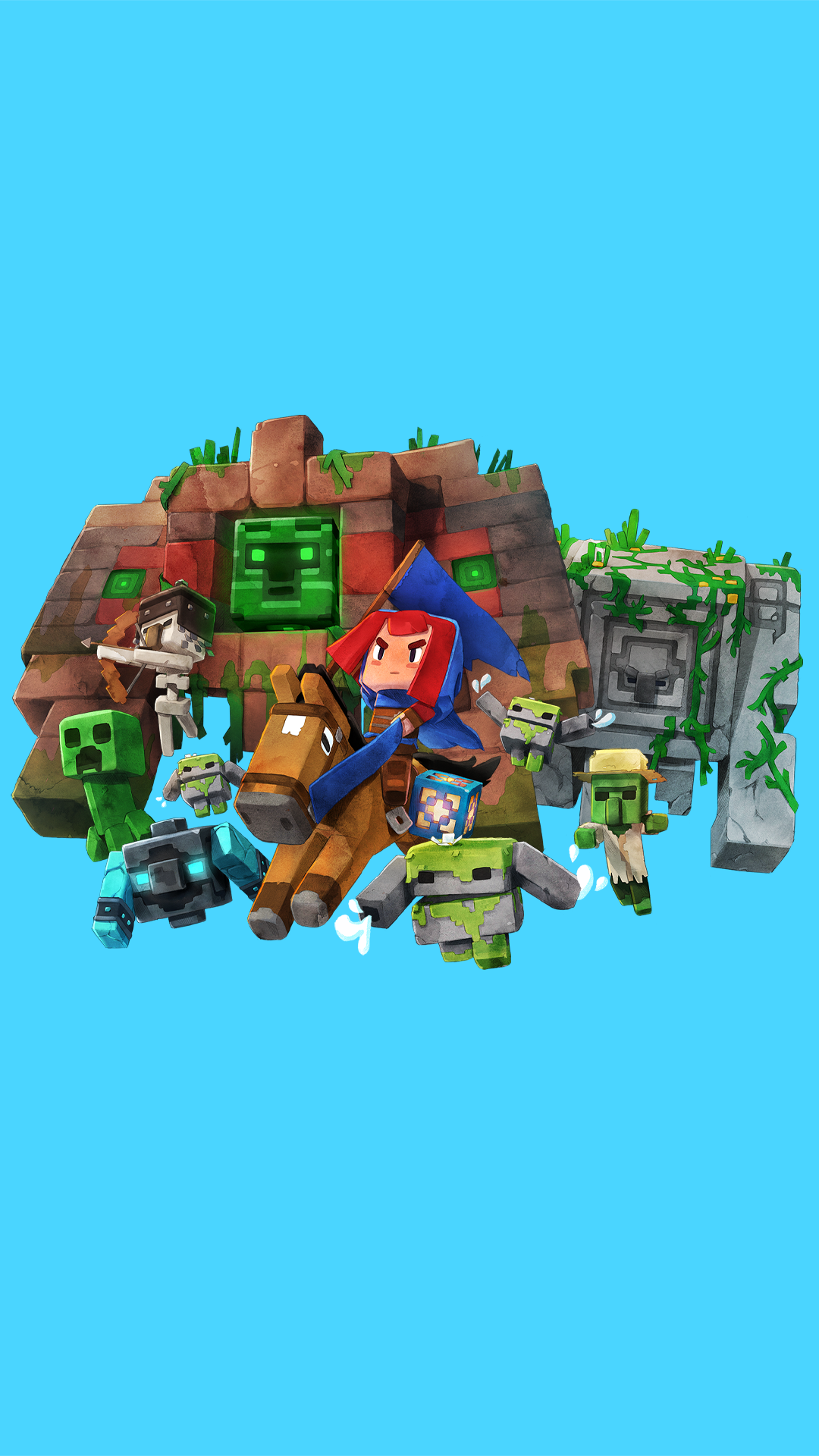 Minecraft Legends mobile wallpaper featuring characters and blocks on a blue background.