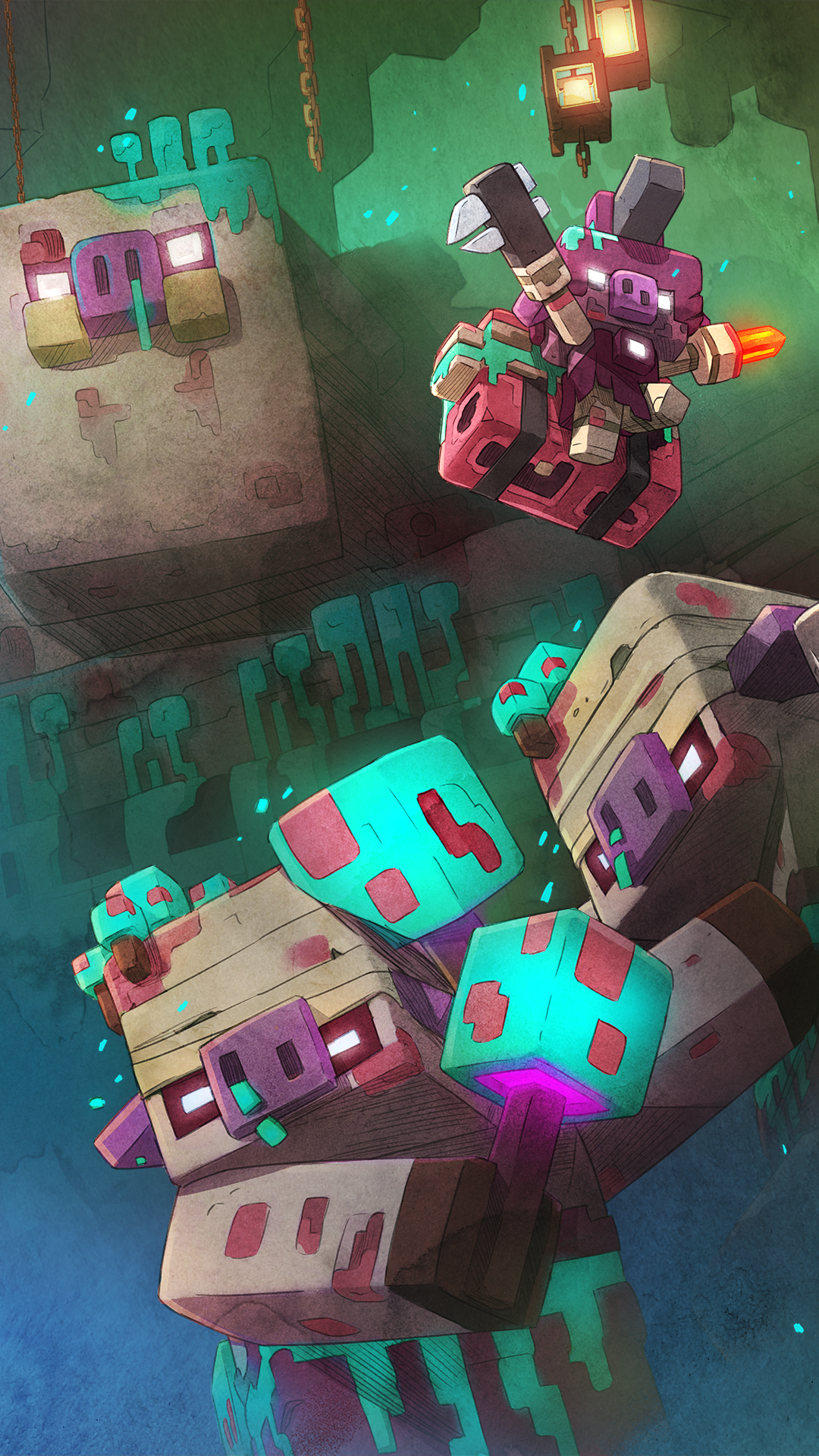Minecraft Legends phone wallpaper featuring stylized characters and landscape in vibrant colors.